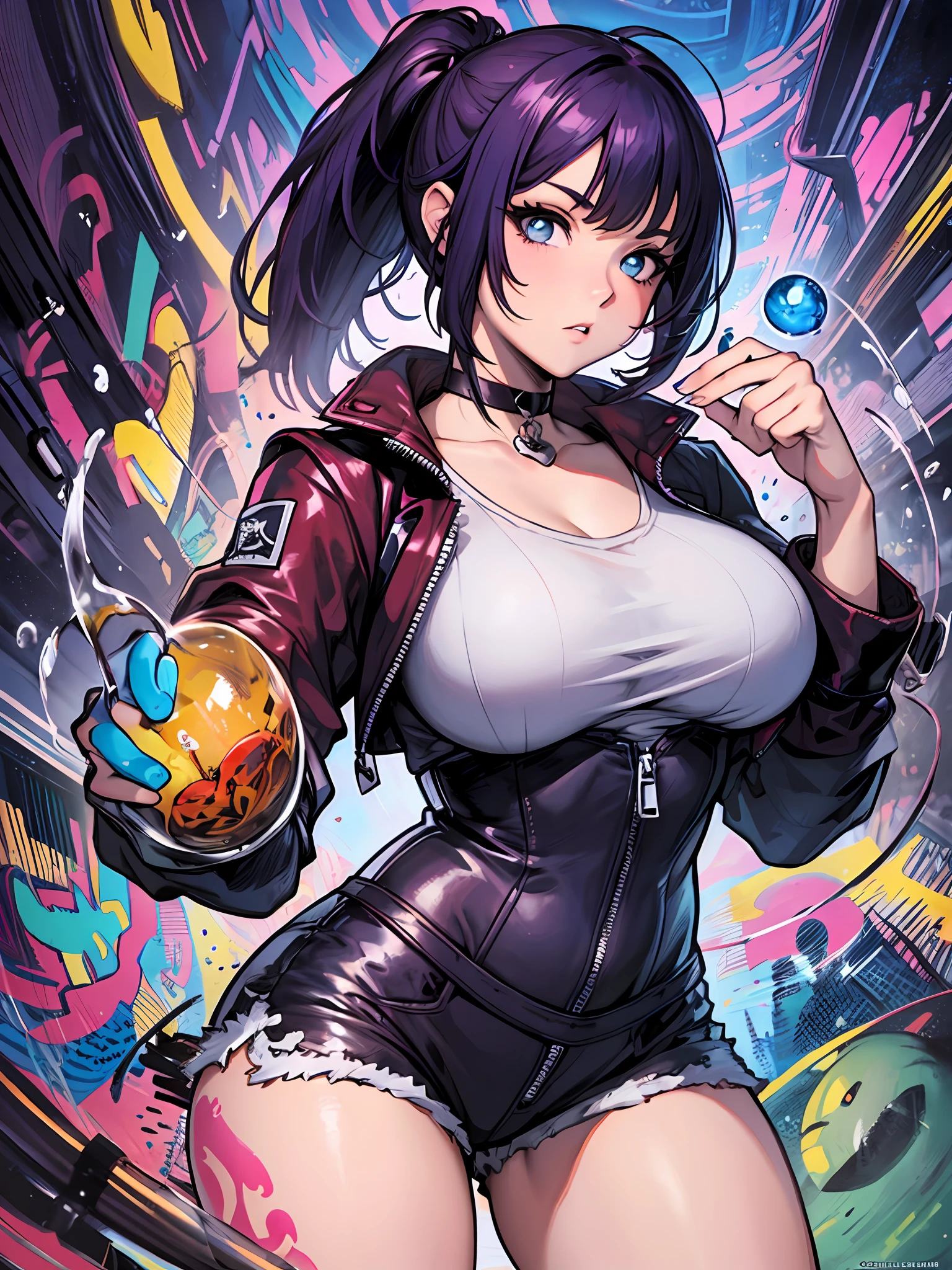 ::tom taylor e bruno redondo style ::2.0 comix illustration style,flat tattoo effect design,ashley alexiss japanese  beautiful woman ponytail hairstyle black ultra detailed, (beautiful and clear background:1.2), fantastic paintings ,graffit style ultradetailed, flowers, a t-shirt or dressed in a white blouse underneath future gacha ultradetailed, position , stained glass colored, fantastic paintings by joe madureira  ,high quality, sticker art ultradetailed,beautiful woman  ultradetailed  , freedom, soul, digital illustration, comic style, perfect anatomy,big breast ultradetailed, centered, approaching perfection, dynamic, highly detailed, watercolor painting ultradetailed, artstation, concept art ultradetailed, smooth, sharp focus, illustration, art by carne griffiths and wadim kashin,,alone anime girl pose, short , asymmetrical bangs, colored inner hair, hair pin, beautiful, glowing and shinn eyes, choker, oversized jacket, shorts jean, skinny hair, bubble gum, dynamic pose, BREAK, flat colorful background, graffiti background,