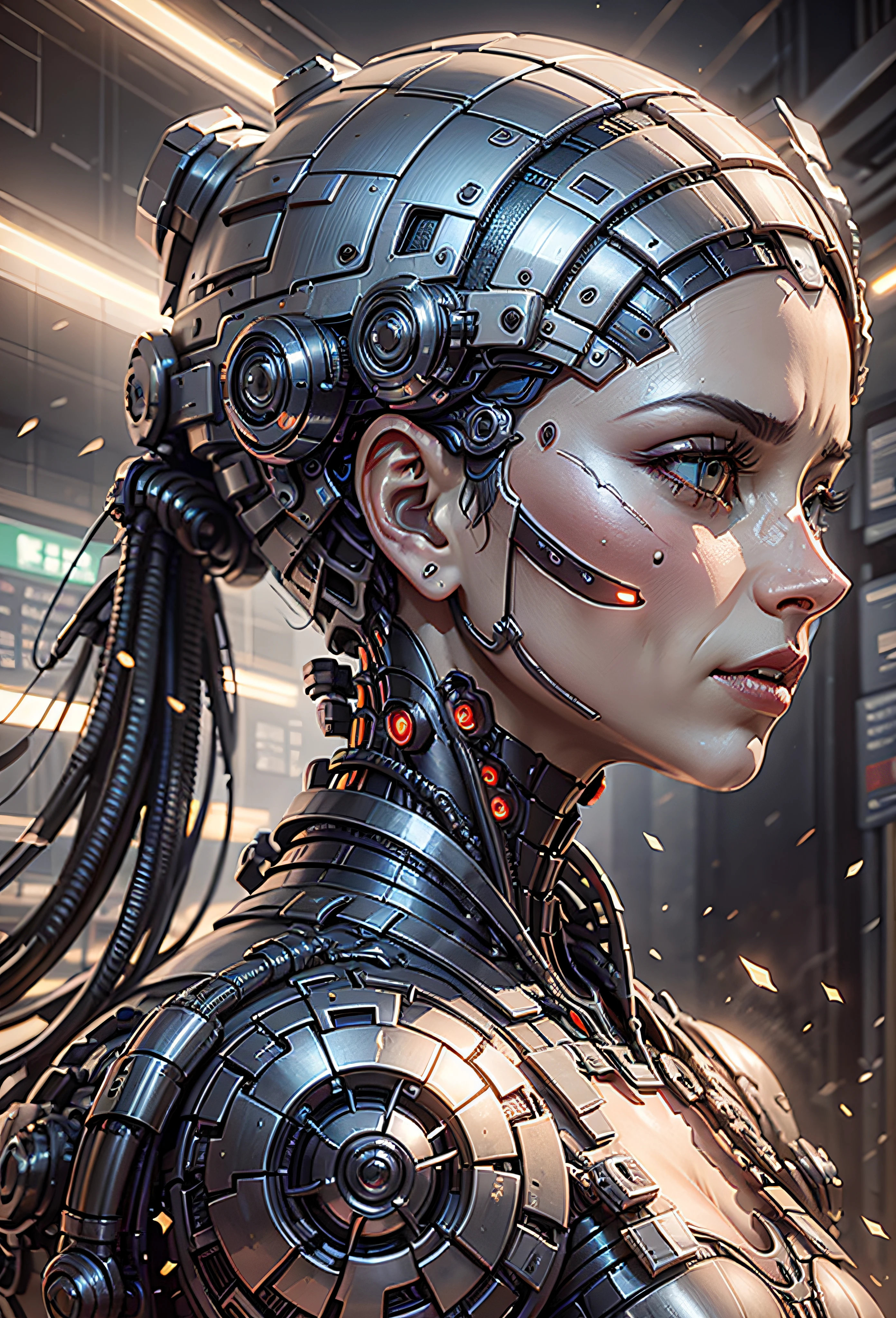 renderização 3d complexa ultra detalhada de um lindo perfil de porcelana rosto de androide, ciborgue, robotic parts, 150 mm, Beautiful soft studio light, Anel luminoso, detalhes vibrantes, cyberpunk luxuoso, renda, hiper-realista, anatomic, facial muscles, electric red cables, microchip , elegante, fundo bonito, octane rendering, Estilo HR Giger, 8k, melhor qualidade, obra-antes, illustration,, extremamente delicado e bonito, extremamente detalhado, CG, unidade, papel de parede, (realista, fotorrealista: 1,37), unbelievable, finamente detalhe, obra-antes, melhor qualidade, arte oficial, papel de parede 8k de unidade CG extremamente detalhado, absurdos, incrivelmente absurdos, robot, metallic silver helmet, corpo inteiro, combat position