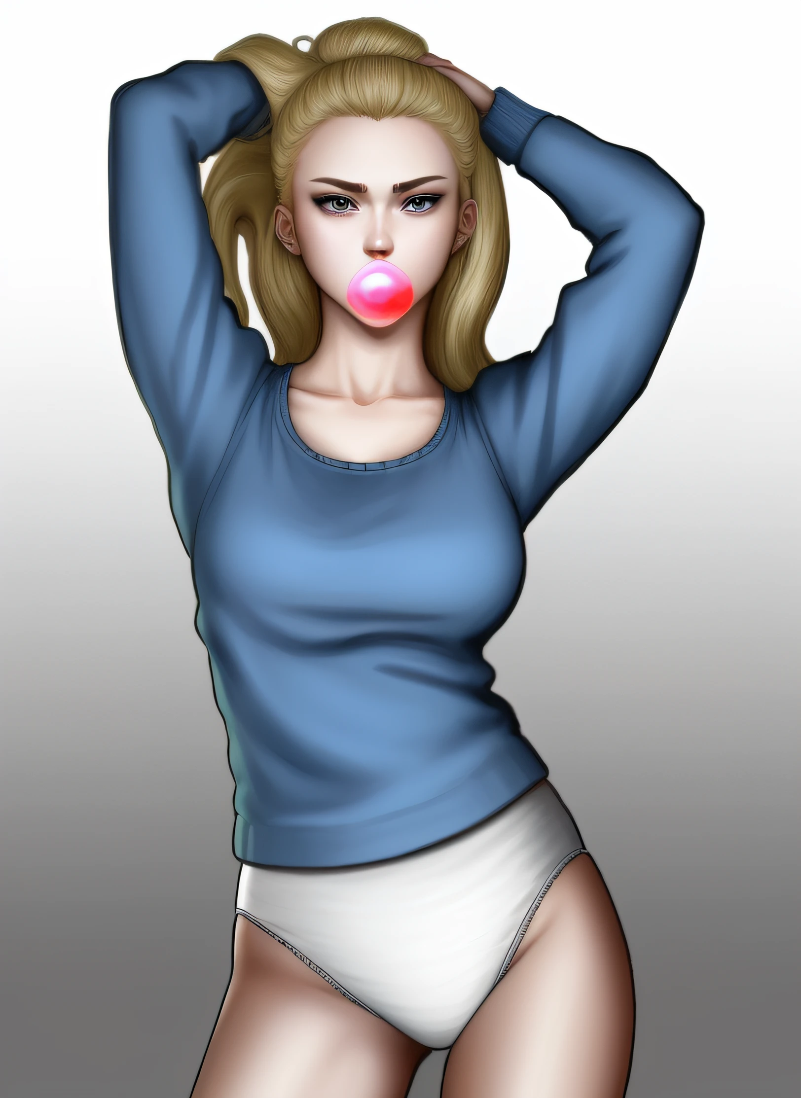 Blonde woman in blue sweater and white cotton panties, blowing bubble gum, anime art style, intricate details