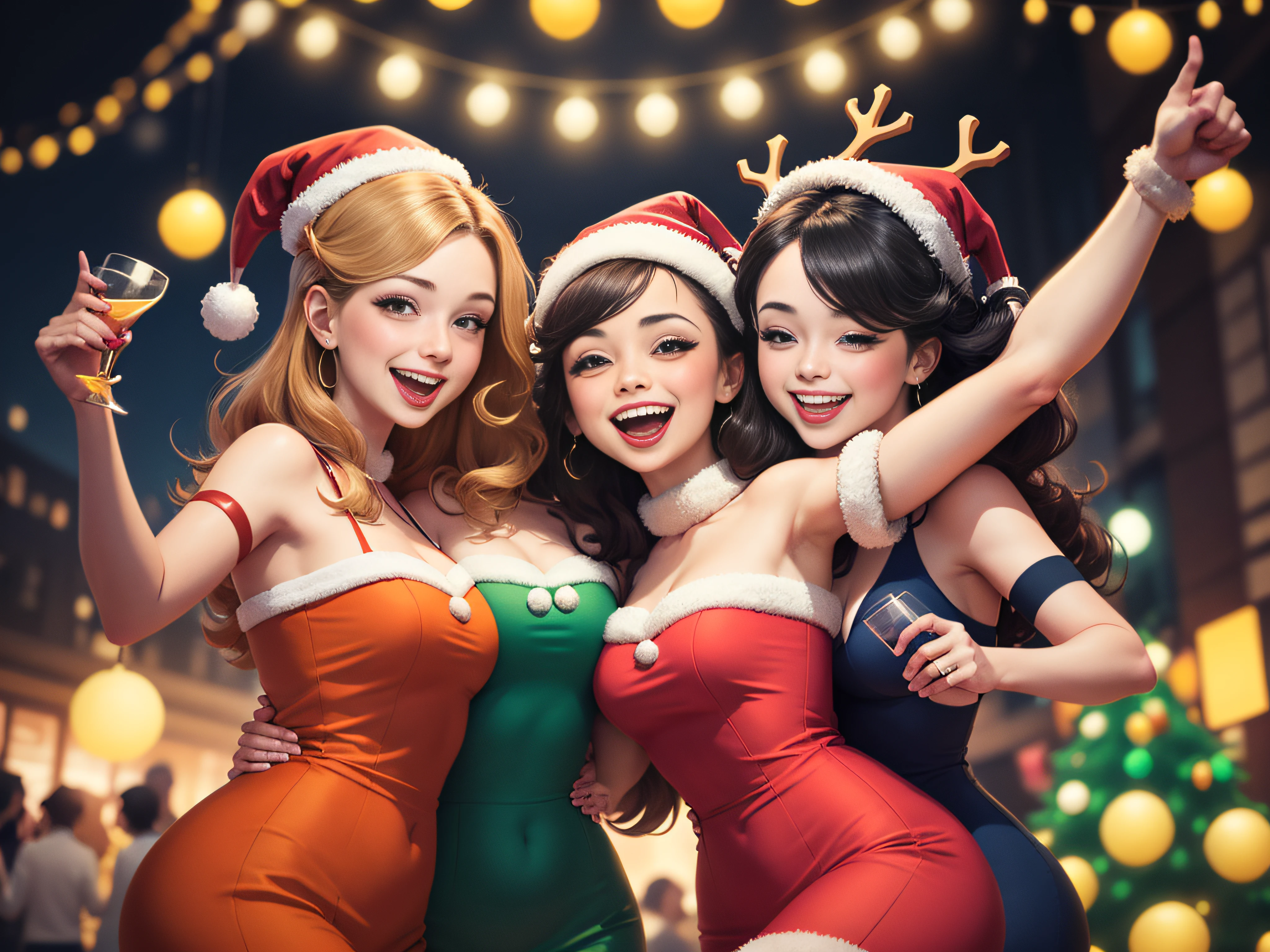 illustration of 4 people celebrating festive ,happy, group of people,retro art