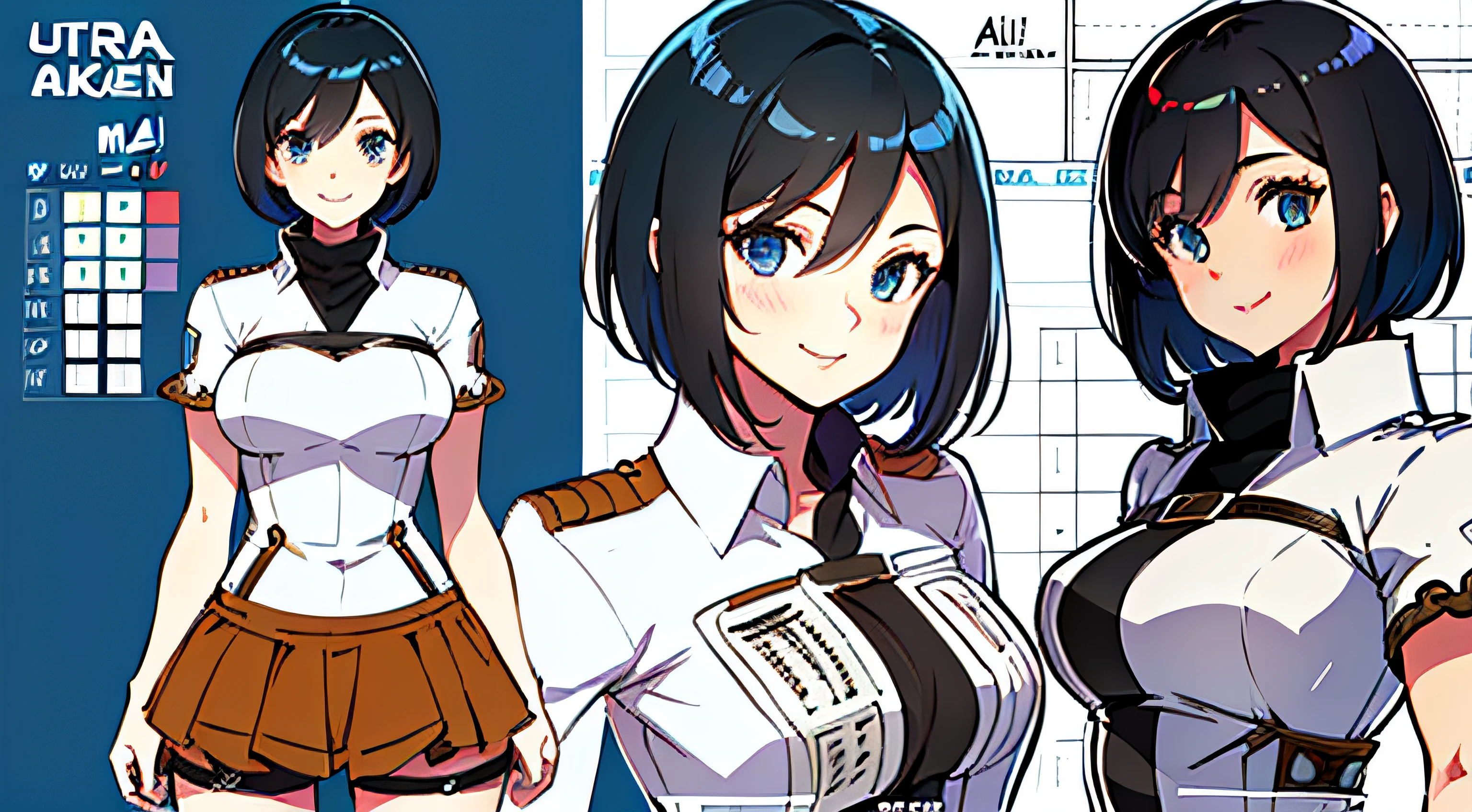 (masterpiece), ultra detailed, 8k, ((A character sheet:1.4)) or reference sketch of a a beauty gal girl who looks like Pokemon's Mai, with an uniform, she has short hair, and she smiling, with black hair, ultra realistic and sharp detail and intricate, intricate details, and style, simple background illustration, Mikasa Ackerman