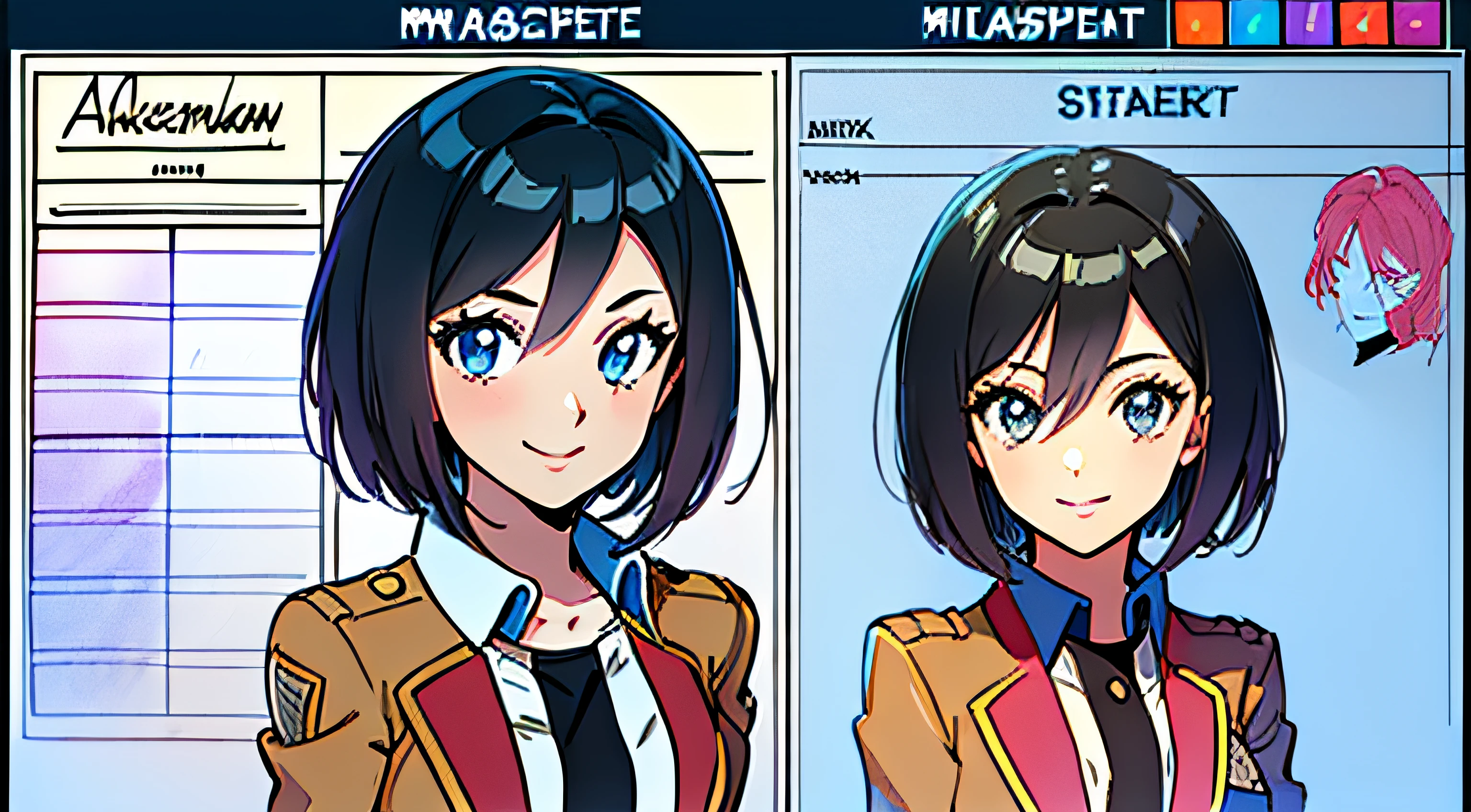 (masterpiece), ultra detailed, 8k, ((A character sheet:1.4)) or reference sketch of a a beauty gal girl who looks like Pokemon's Mai, with an uniform, she has short hair, and she smiling, with black hair, ultra realistic and sharp detail and intricate, intricate details, and style, simple background illustration, Mikasa Ackerman