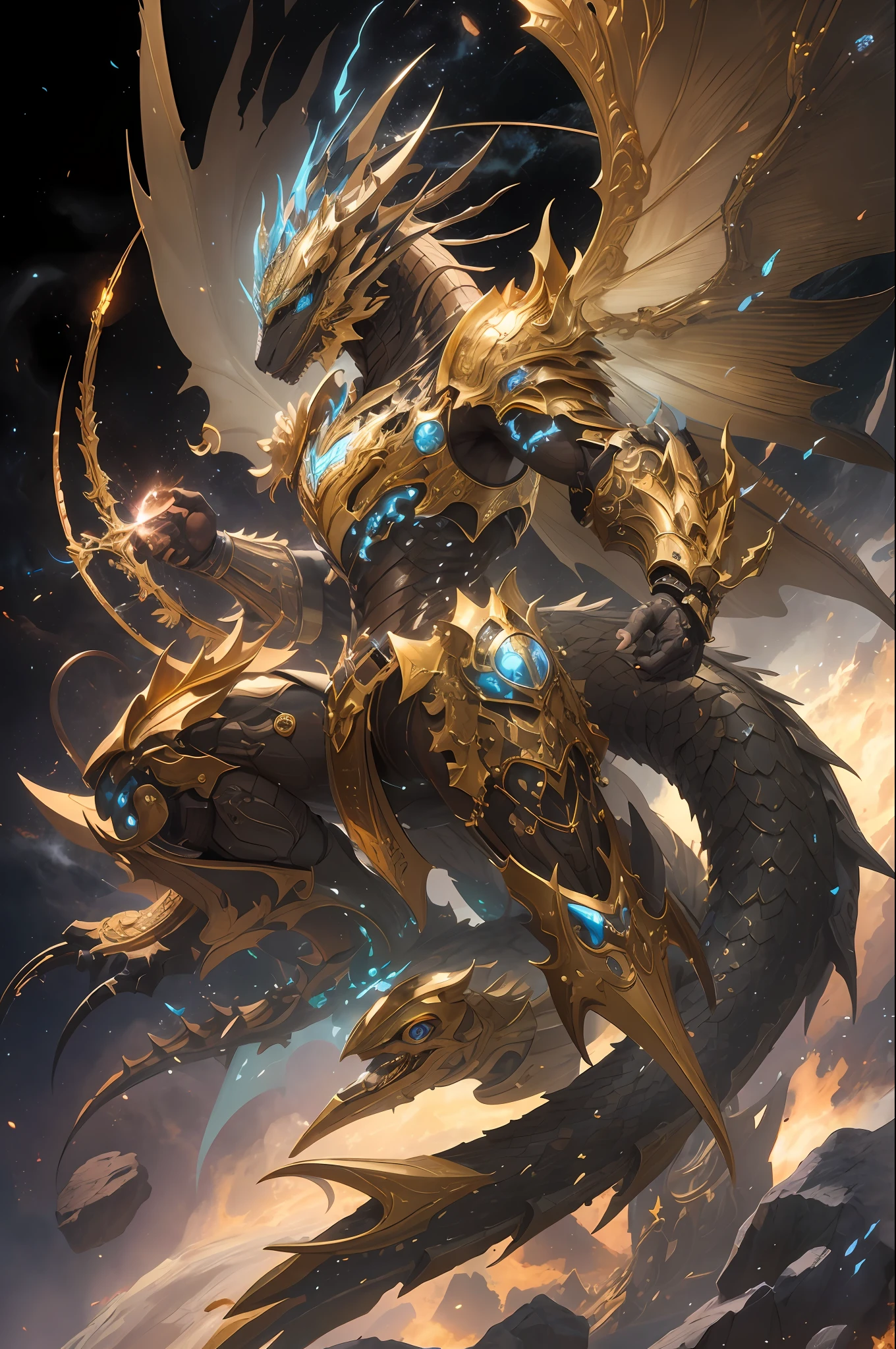 a close up of a dragon with a gold body and wings, detailed fantasy art, dragon ancient full plate armor, by Yang J, dragon knight, beautiful biomechanical djinn, highly detailed fantasy art, gold paladin, high detailed official artwork, 2. 5 d cgi anime fantasy artwork, epic fantasy digital art style, angelic golden armor, detailed fantasy digital art