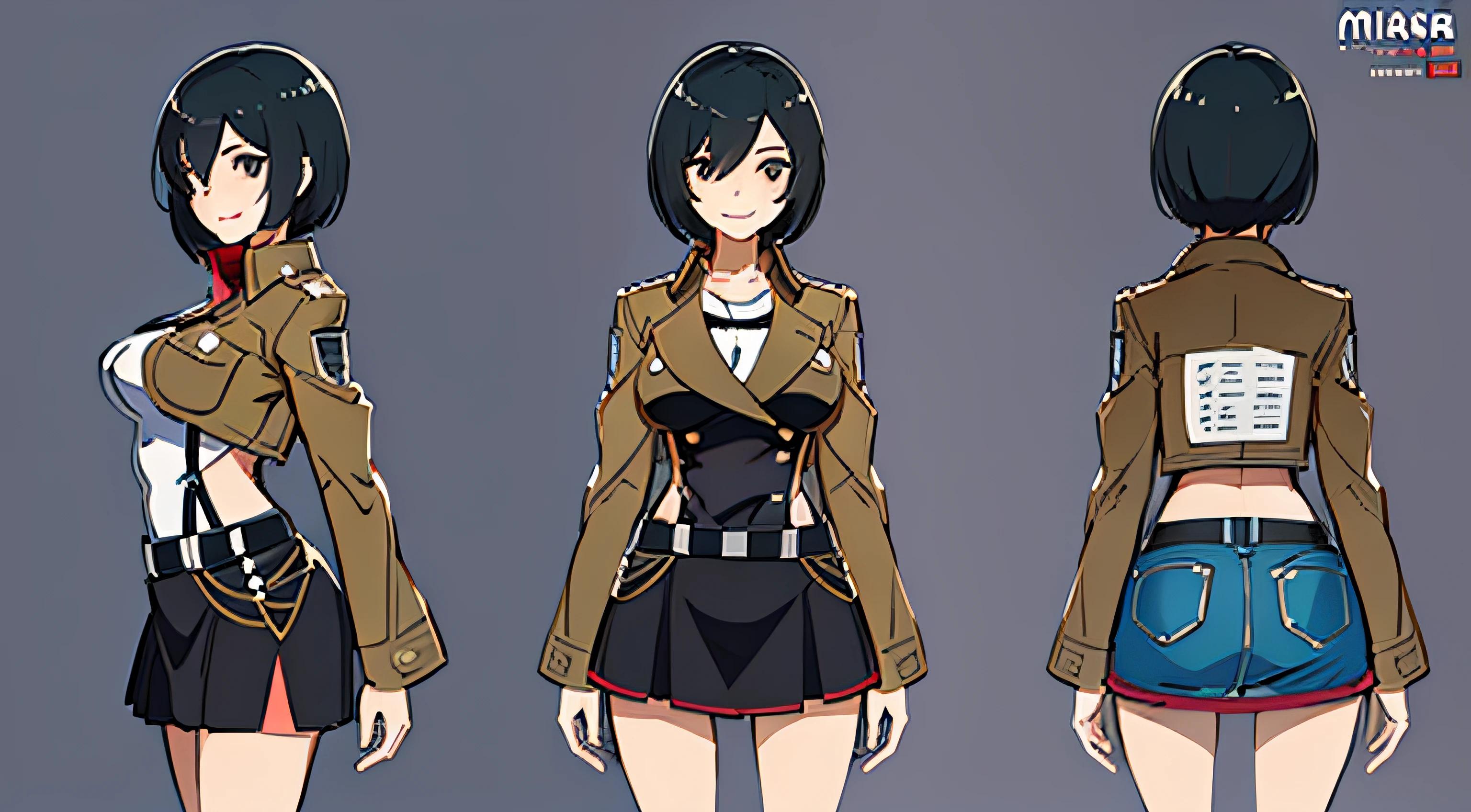 (masterpiece), ultra detailed, 8k, ((A character sheet:1.4)) or reference sketch of a a beauty gal girl who looks like Pokemon's Mai, with an uniform, she has short hair, and she smiling, with black hair, ultra realistic and sharp detail and intricate, intricate details, and style, simple background illustration, Mikasa Ackerman