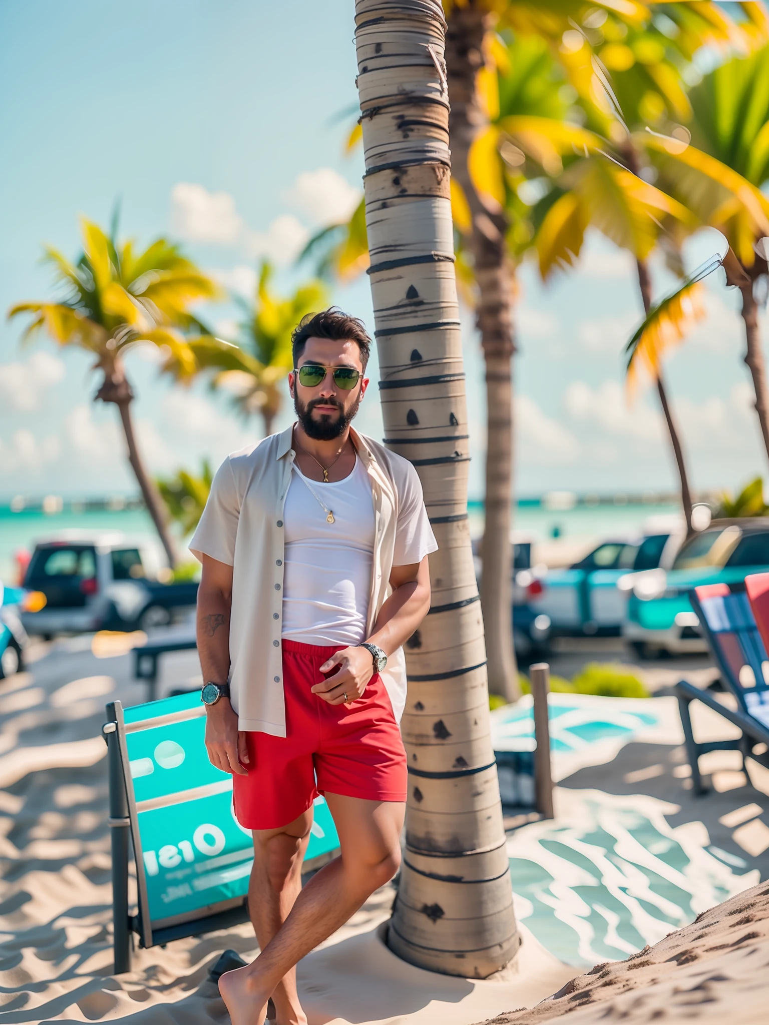 there is a man standing on the beach next to a palm tree, wearing black and gold sunglasses, wearing red shorts, chest and stomach visible, some hair on chest and stomach, love handles, palm trees in the background, with palm trees in the back, vacation photo, posing on a beach with the ocean, at a tropical beach, standing near the beach, shot on Samsung galaxy, standing at the beach, photorealistic