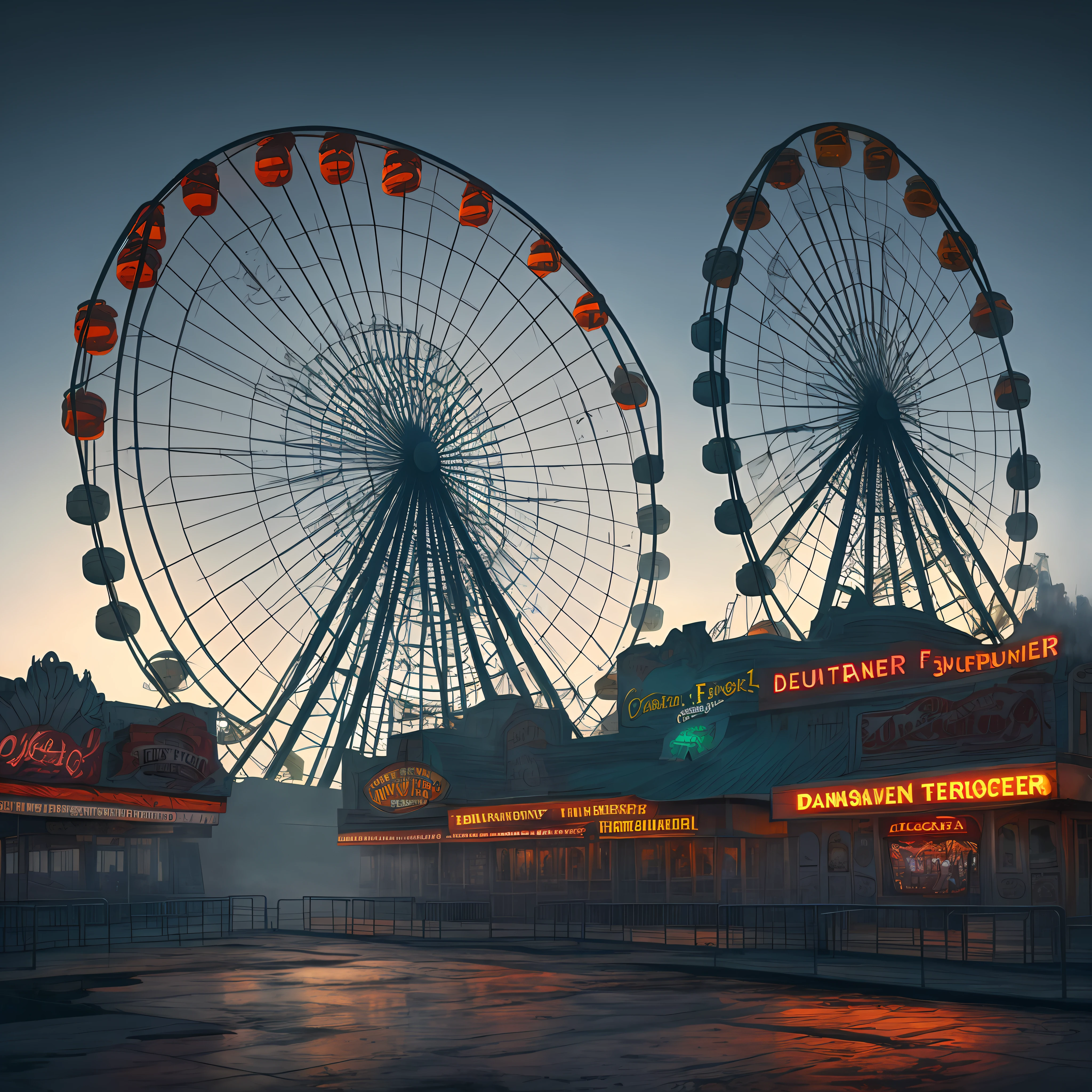 abandoned amusement park, big ferris wheel, (heavy fog), dim street lights, sharp colors, photorealistic, extremely detailed 8k wallpaper,