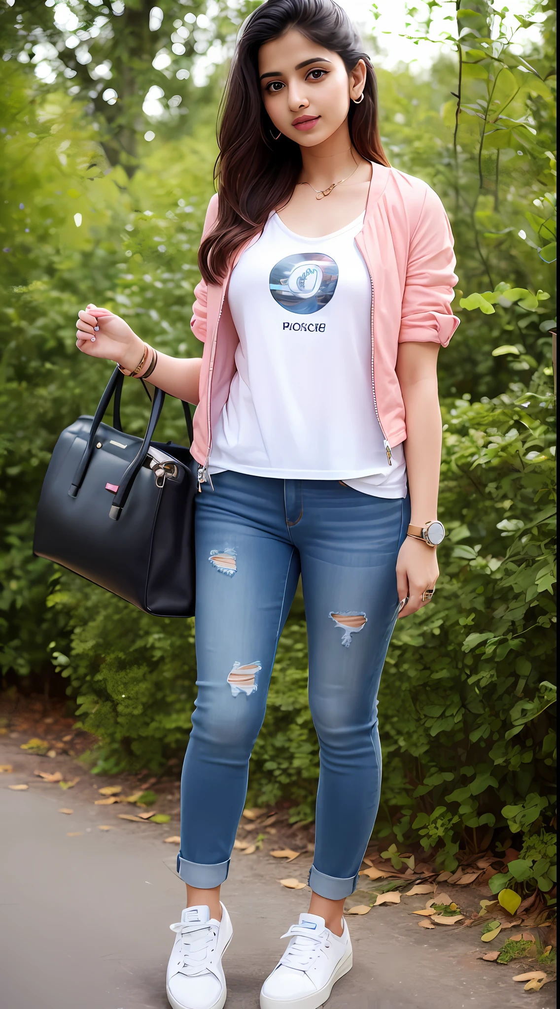 Hot sexy Indian girl, realistic,pretty face, Levi's t shirt(jacket), skirt jeans, Rolex expensive watch,zara bag, zara sneakers,deep forest