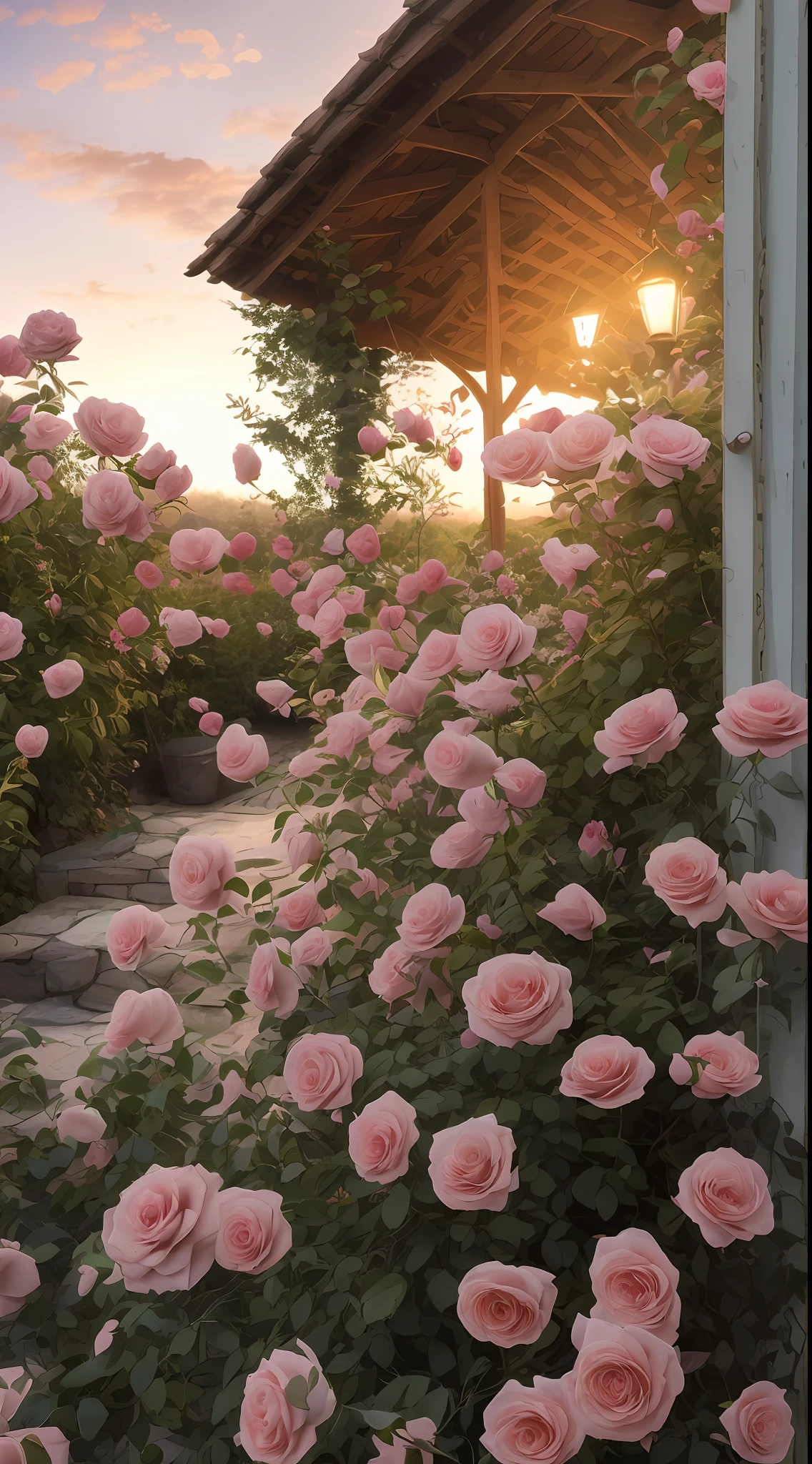 A bush of pink roses outside the house, beautiful and aesthetic, soft pink, beautiful aesthetic, roses in movie lights, lush flowers outdoors, nature and floral aesthetics, rose garden, roses, portal made of roses, beautiful images, roses, fantastic aesthetics, in a cottage core garden, pink golden hour, (masterpiece:1.6, best quality), (fine detailed beautiful eyes: 1.2), (extremely detailed CG unity 8k wallpaper, masterpiece , super detailed, best shadows), (detailed background), high contrast, (best lighting, extremely delicate and beautiful), ((color paint splatter on transparent background, Dulux,)), ((caustics) ), dynamic angles, beautiful detail glow,