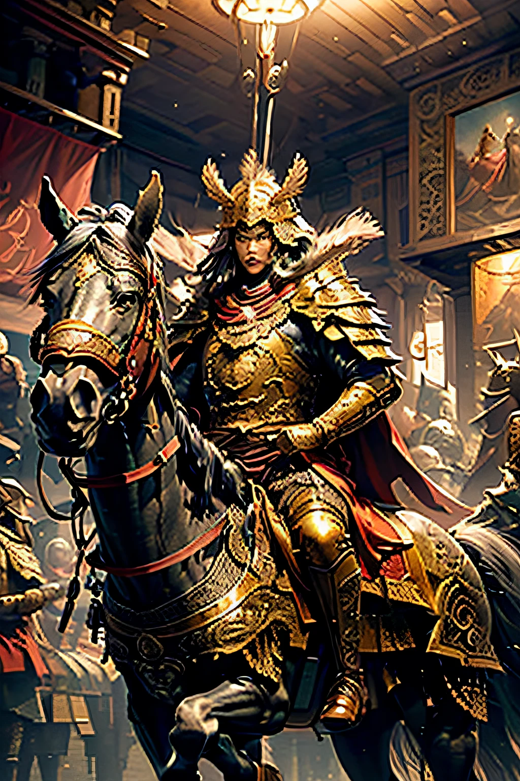 ((master masterpiece，))), (((best quarity))), ((The ultra-detailded)), (The ultra-Realistically), (highly detailed CG illustrations), cinematic light, photorealistic, extremely beautiful girl, light makeup, big Chest, intricate anda detailed, red cape, length spear, (mounted on a horse)