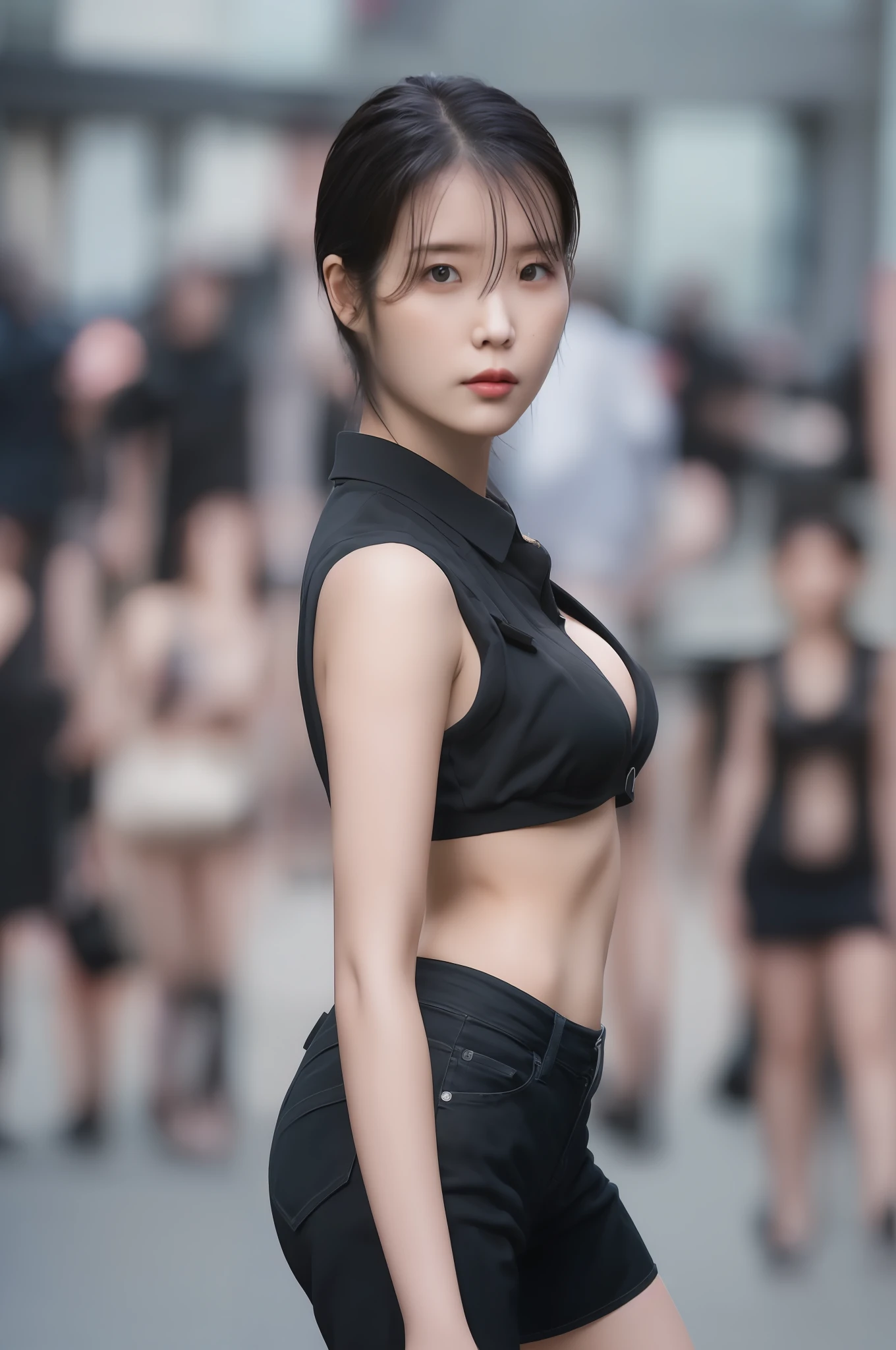 IU,1girl,solo,woman,complex 3d render ultra detailed, smile, portrait of beautiful woman, moody portrait, striking features, beauty, intricate details, dramatic composition, tension, contrast, texture, realism, high-quality rendering, stunning art, high quality, film grain, Fujifilm XT3,swirly bokeh,(realistic, photo-realistic:1.4),RAW photo,physically-based rendering,(looking at viewer:1.4),(8k, best quality, masterpiece:1.2),(full body shot:1.2),octane render,extremely detailed CG, unity 8k wallpaper,in street,urban,city,(studio soft light,sunlight:1.1),hyper realistic detail shiny skin,ultra detailed,(standing:1.1),(a girl is wearing sleeveless:1.5),(ultra realistic:1.5),(intricate:1.1),(photorealistic:1.4),1girl,(skinny:1.3),detailed background ,(large breasts:1.5)