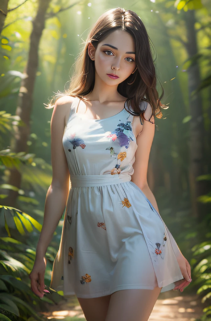 Oil painting style, realistic photorealism, Realistic Rays, ((((Solitary，)))) Beautiful girl, Girls all over, cute face, bright face, slick skin, portrait painting, red cheeks, closed Mouth, short summer dress, large hips, top model, proportioned body, detailded, portrait composition, look at a camera, blurred background of magic forest, Fireflies, floral,