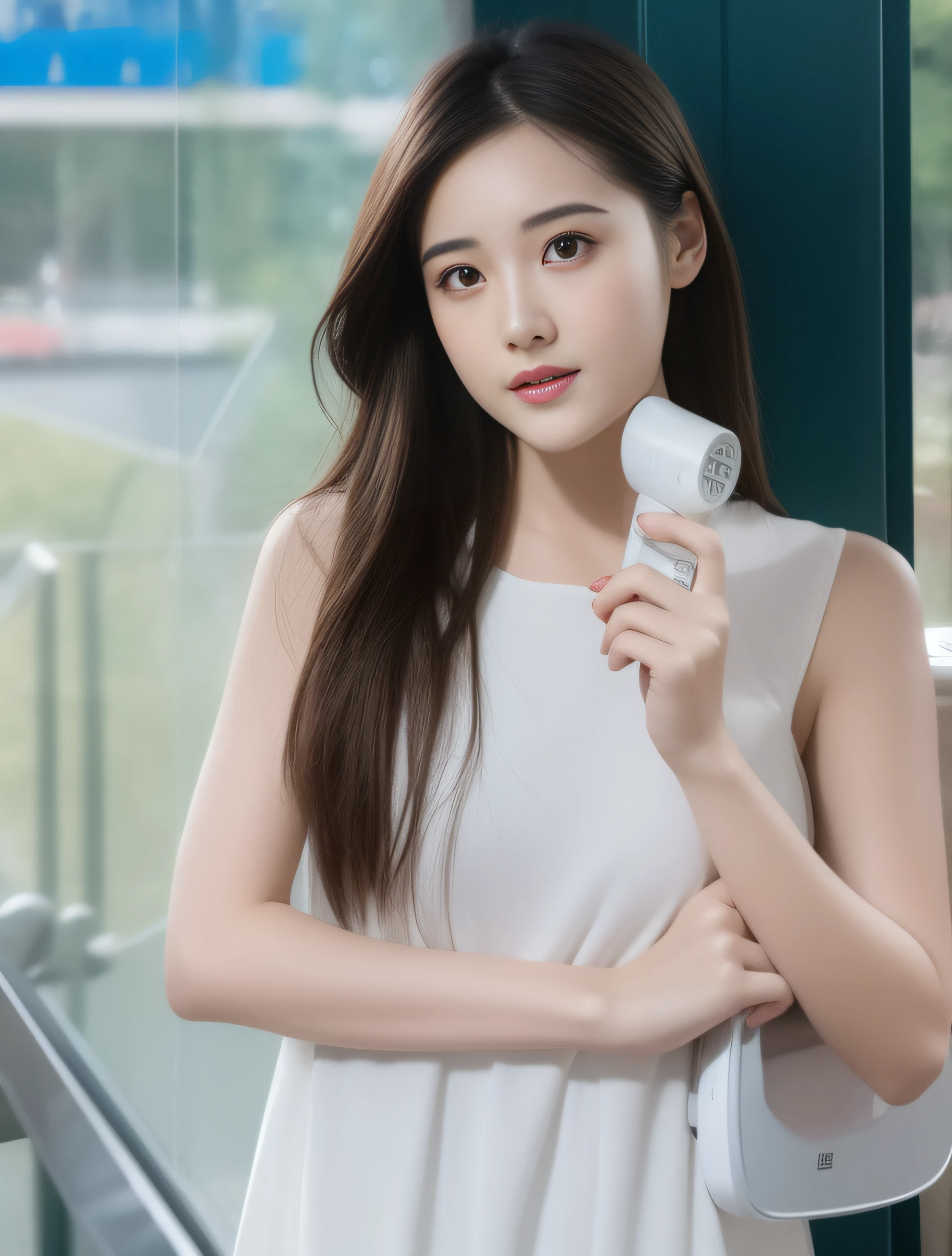 Woman holding hair dryer in front of window, product introduction photos, zun, EORA, gongbi, white color, with accurate features, product introduction photos, with white,, 40mp, dilraba dilmurat, detailed picture, 40mm,, fanart