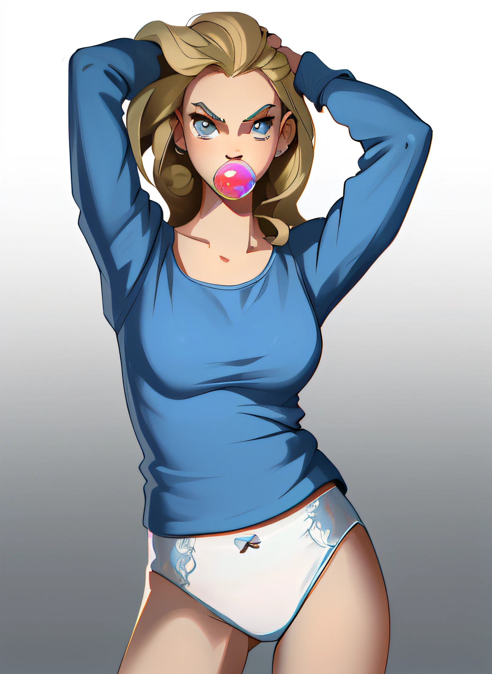 Blonde woman in blue sweater and white cotton panties, blowing bubble gum, anime art style, intricate details