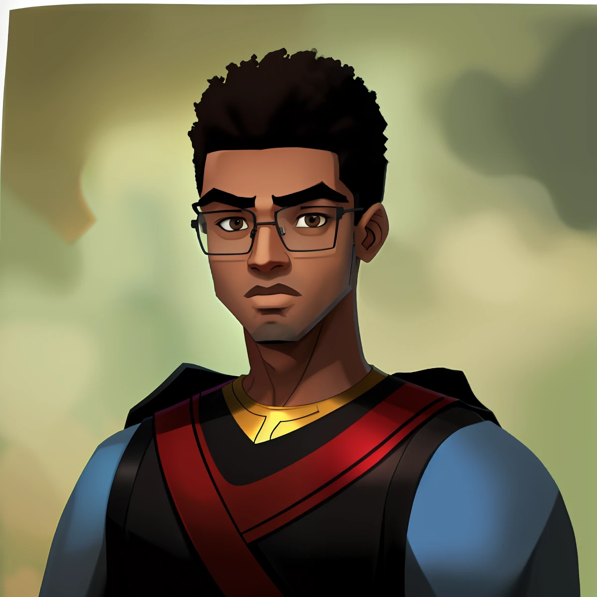 Young Arab High School Boy, magro, Young Lebanese boy, pele marrom, Arabic boy, child, eye glasses, nerd, cabelo afro, pele negra, nariz grande, roupas modernas, personagem 2d, estilo quadrinhos