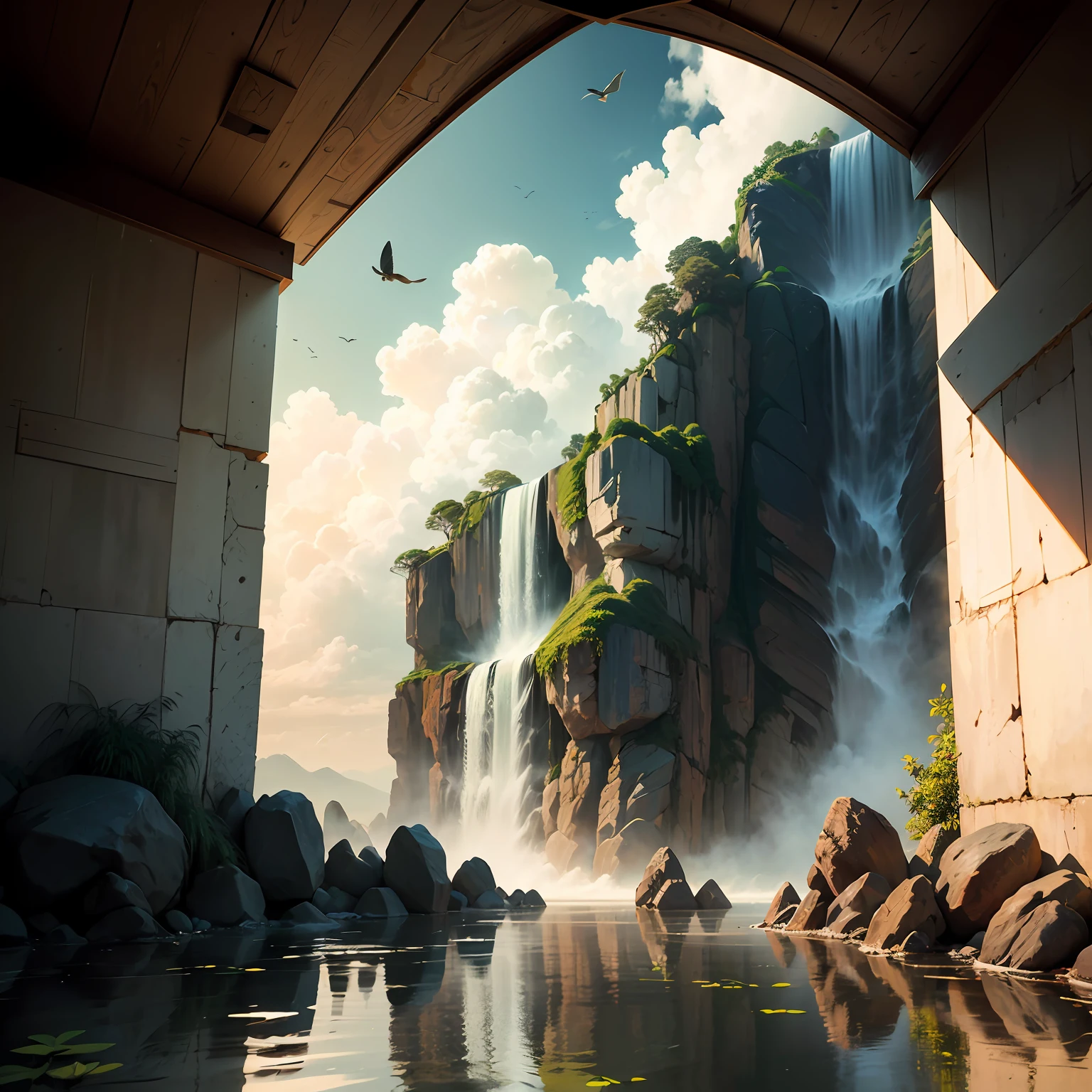 (melhor qualidade)), ((obra-prima)),(realista), (detalhado)(Big view-angular), (sereno),(tranquilo),rio calmo , (cintilante, cristalina) water falling from a runny (baixo, irregular), natural, Scenic, refrescante, calmante, mystic, magic, (harmoniosa, paleta de cores terrosa), (linhas lisas e curvas), ( pequenas rochas cobertas de musgo), (tapete macio e natural), (luz solar filtrando), (raios de deus), (Shimmering patterns on the walls of the clouds), (cachoeira majestosa e poderosa), (atmosfera enevoada), detalhado fundo, (folhagem verde, exuberante), (birds and insects), morning, realista, detalhado, (textura e beleza natural), profundidade e perspectiva, insanamente detalhado, , ((obra-prima)), absurdres, HDR, --auto