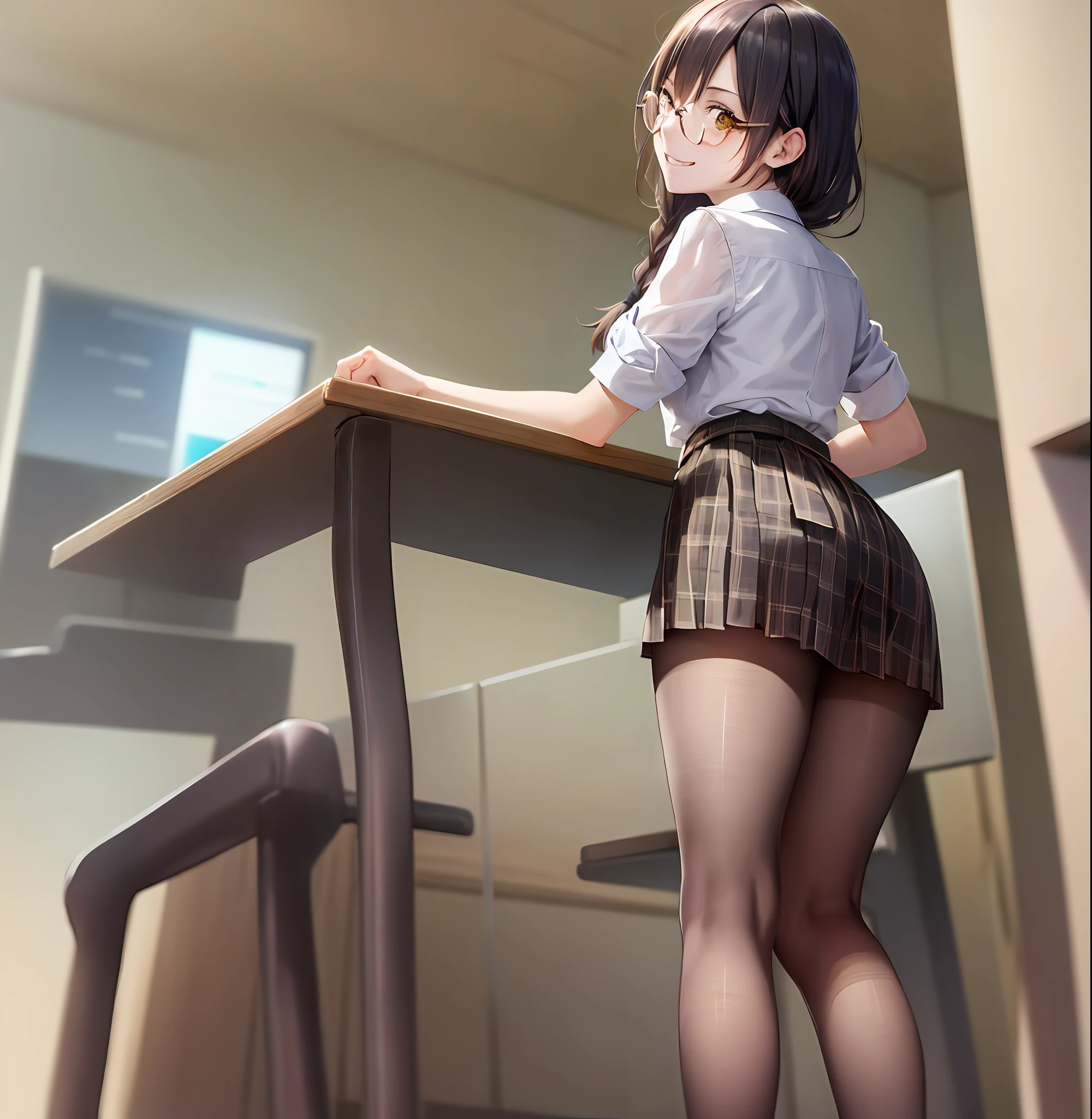 solo、One Person、glasses、braid hair、detailled eyes、Black eyes、Showing your back、standing a、A evil smile、Evil smile、slong hair、Plaid pleated skirt、Yellow miniskirt、Black hair、Camisa blanca、white Y-shirt、、short sleeve shirt、thin thighs、Black Pantyhose、black stockings、Black tights、school classroom、evening、Shot from behind