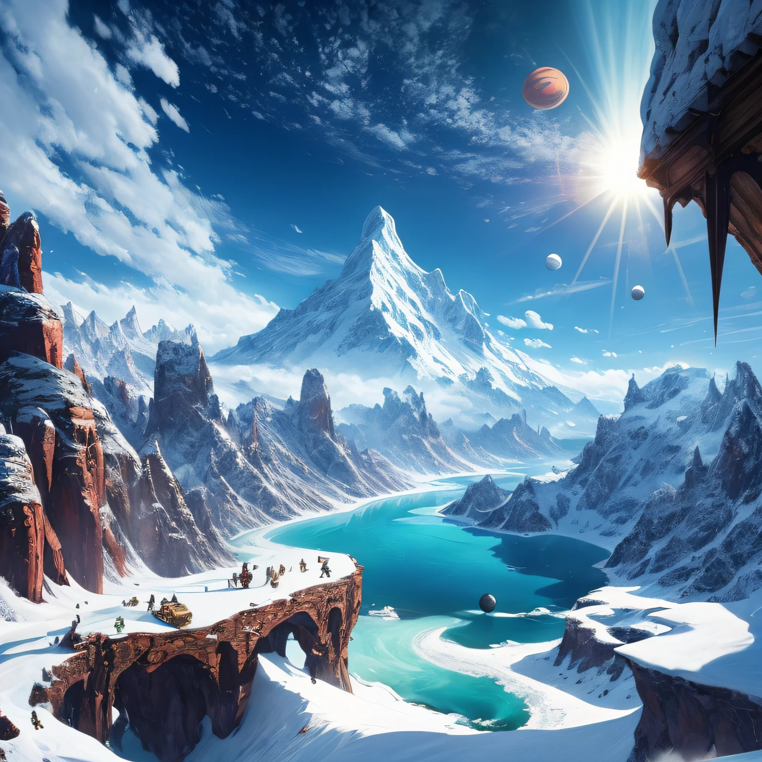 A Fantasy World with Daagon flying in the sky,high frozen mountains and closer beautiful Planets --auto