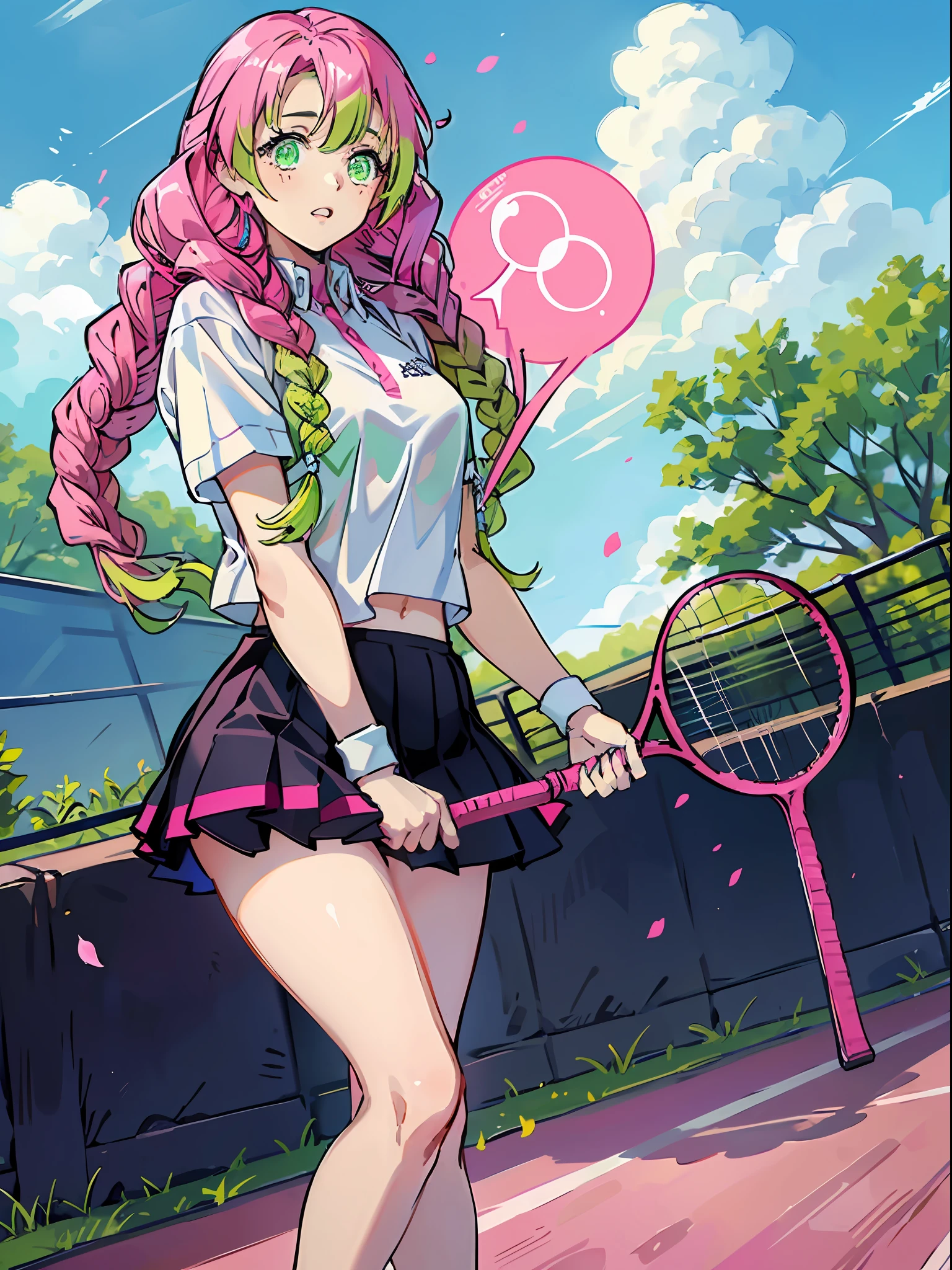 kanroji_mitsuri、1girl (Master peace、) (beste Quality)(Shiny hair)(Glossy skin)、(gradation hair、GREEN、pink hair、Braids:1.2)、Holding a tennis racket、tennis uniform、땀