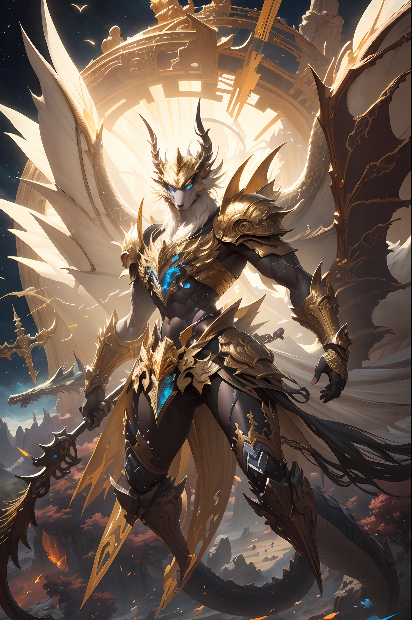 a close up of a dragon with a large golden head and wings, 4k detailed digital art, 4k highly detailed digital art, detailed fantasy digital art, trending on artstation pixiv, epic fantasy digital art style, high detailed official artwork, detailed fantasy art, symmetrical epic fantasy art, detailed digital anime art, anime epic artwork