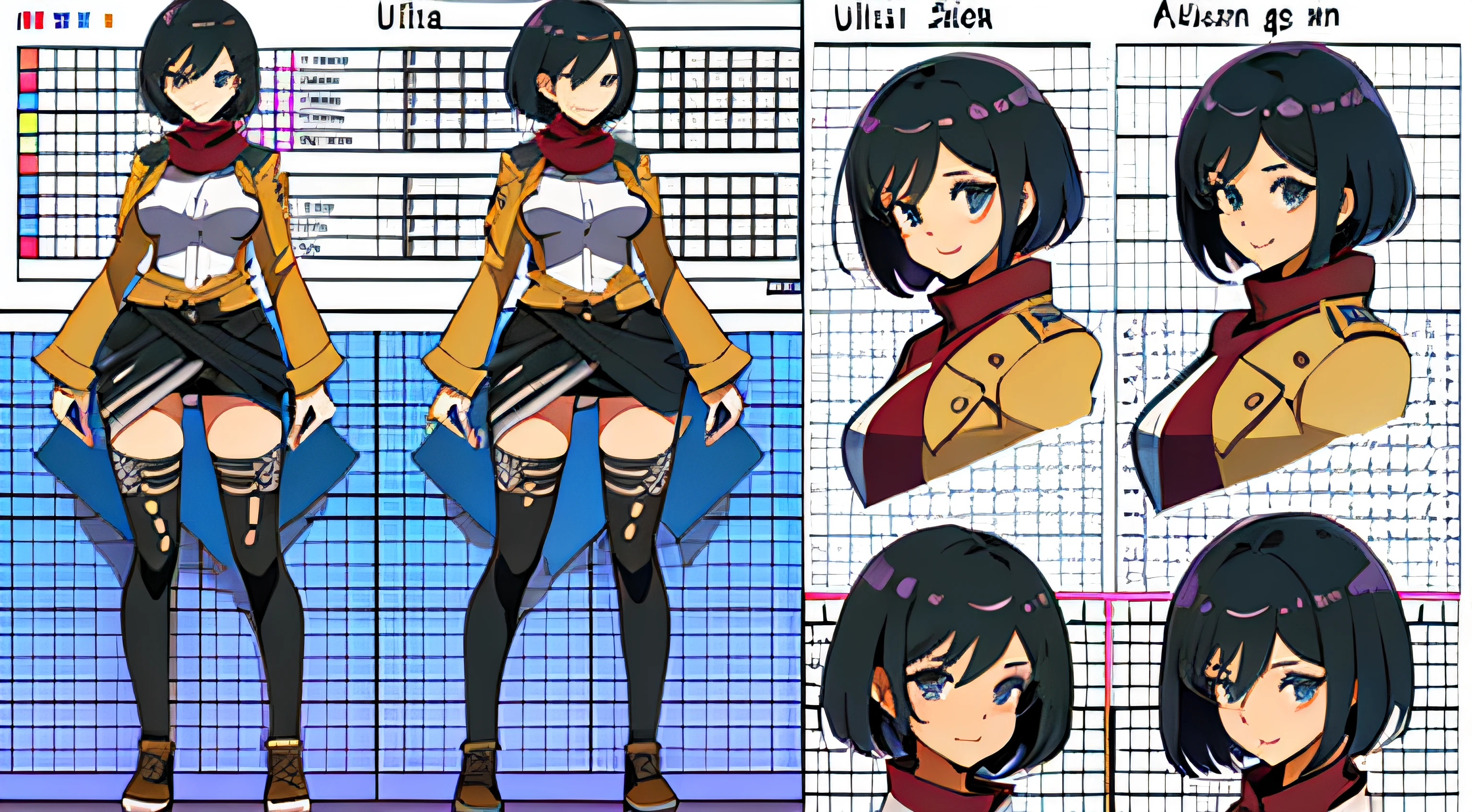 (masterpiece), ultra detailed, 8k, ((A character sheet:1.4)) or reference sketch of a a beauty gal girl who looks like Pokemon's Mai, with an uniform, she has short hair, and she smiling, with black hair, ultra realistic and sharp detail and intricate, intricate details, and style, simple background illustration, Mikasa Ackerman