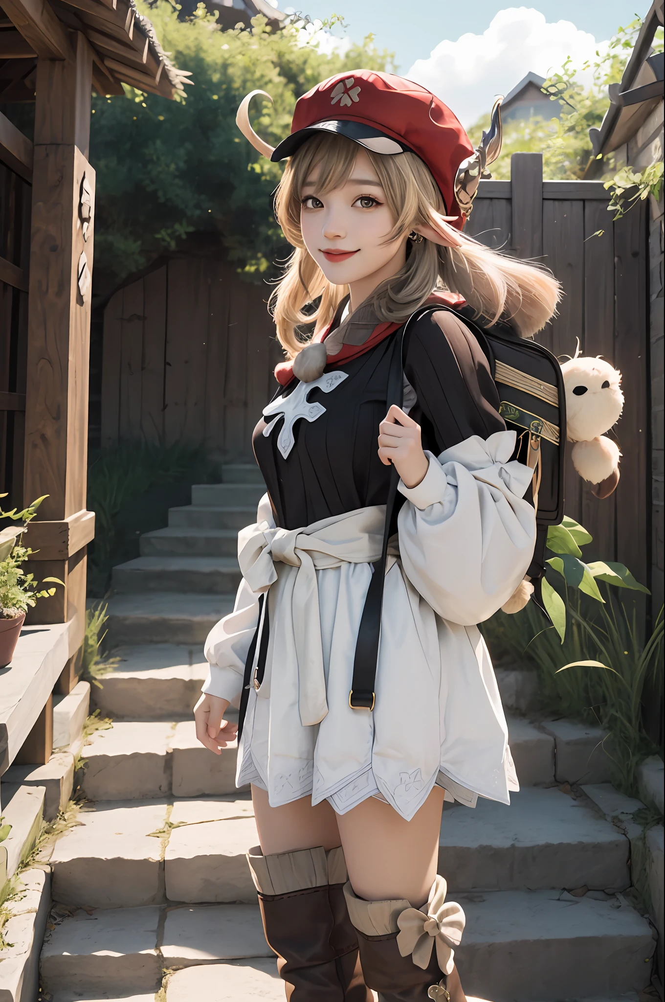 master masterpiece,, best quarity, 1girl,Sorrisos,,redhat,pointed ears,backpack,Ahoge,dress,long sleeve,ribbed legwear,knee boots,dodoco \(Genshin impact\), jumpy dumpty,Charismatic \(objects\), out door,cinematic Lighting