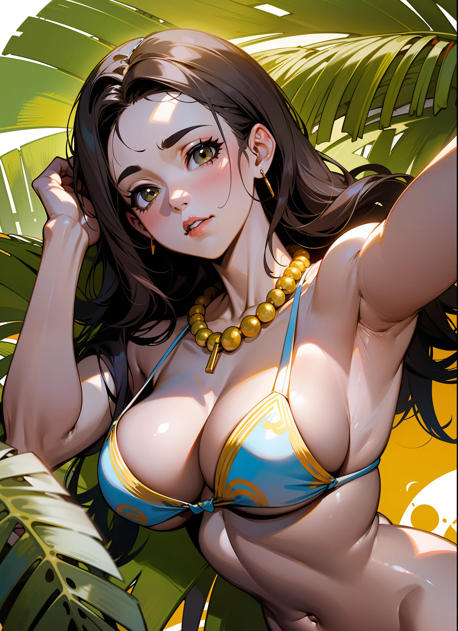 Mulher branca realista européia 30 anos cabelos loiros e lisos, average length at shoulder height, algumas sardas no rosto, olhos verdes, nariz arrebitado, thick lips, com volume, boca sensual entre aberta, olhando para baixo com olhar intimidando, vista de baixo, olhando de baixo, corpo inteiro, vestindo um bikini de renda fino com seus grandes seios saindo, Escaping out of the bikini, pele linda e suave com sardas, poucas sardas, natural braided fine necklace, pulseira de cordinhas tribais, encostado a uma grande palmeira em um nublado dia ventoso, cabelo jogado ao vento, Mulher de corpo inteiro, arms behind the body, pose sensual, novinha sexy nua, com quadril largo e barriga sarada
