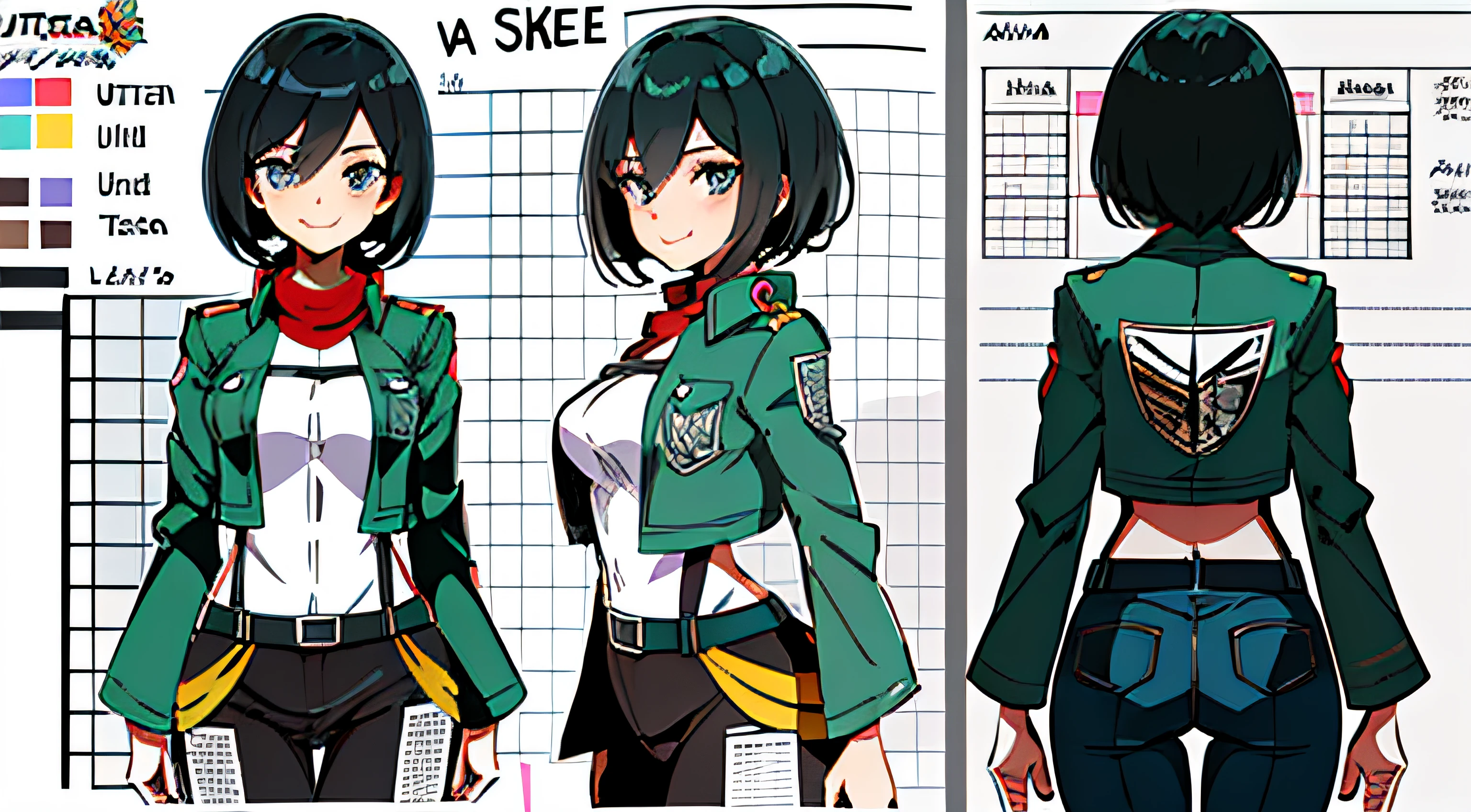 (masterpiece), ultra detailed, 8k, ((A character sheet:1.4)) or reference sketch of a a beauty gal girl who looks like Pokemon's Mai, with an uniform, she has short hair, and she smiling, with black hair, ultra realistic and sharp detail and intricate, intricate details, and style, simple background illustration, Mikasa Ackerman