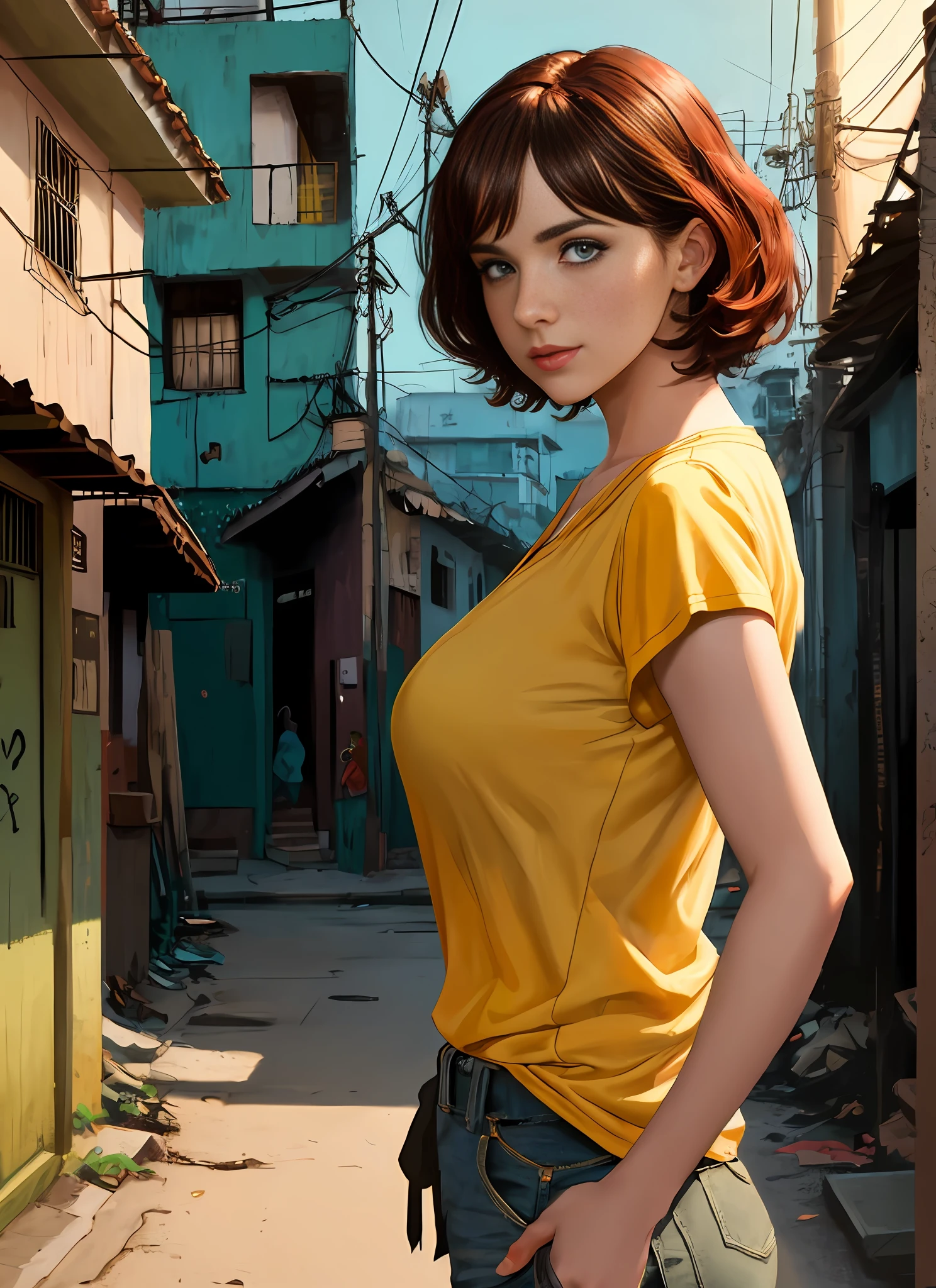 modelshoot style, full body, looking at me, pretty redhead girl, curly short hair, wearing a yellow shirt and a female shorts, sexy body, big ass, redhead, ((brazilian street favela sunset background)), brazilian vibe, sexy pose, 30 years old, sexy face, very busty, sexy, sensual, symmetrical face, perfect eyes, (detailed eyes), sexy eyes, (extremely detailed CG unity 8k wallpaper), full shot body photo of the most beautiful artwork in the world, professional majestic oil painting by Ed Blinkey, Atey Ghailan, Studio Ghibli, by Jeremy Mann, Greg Manchess, Antonio Moro, trending on ArtStation, trending on CGSociety, Intricate, High Detail, Sharp focus, dramatic, photorealistic painting art by midjourney and greg rutkowski