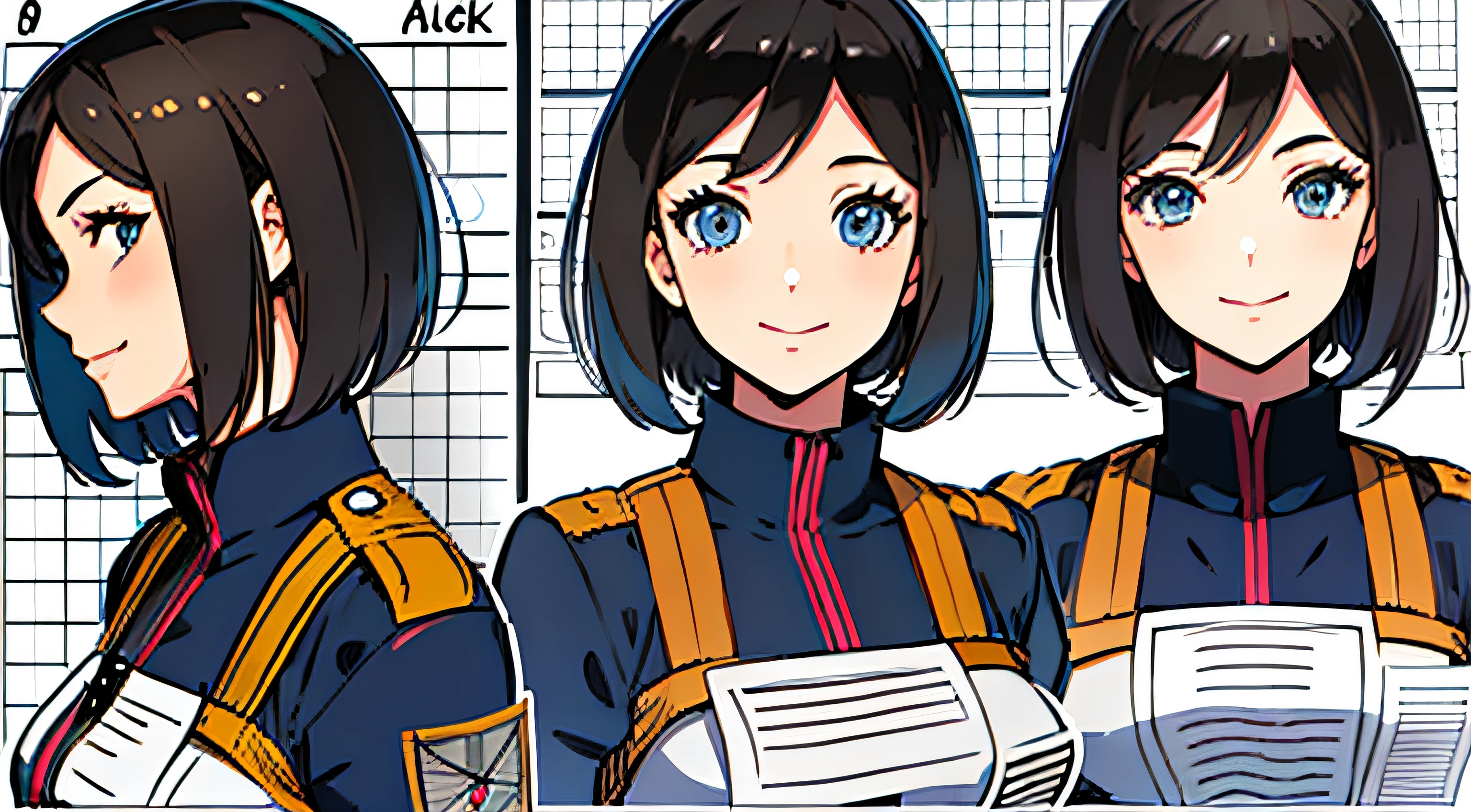 (masterpiece), ultra detailed, 8k, ((A character sheet:1.4)) or reference sketch of a a beauty gal girl who looks like Pokemon's Mai, with an uniform, she has short hair, and she smiling, with black hair, ultra realistic and sharp detail and intricate, intricate details, and style, simple background illustration, Mikasa Ackerman