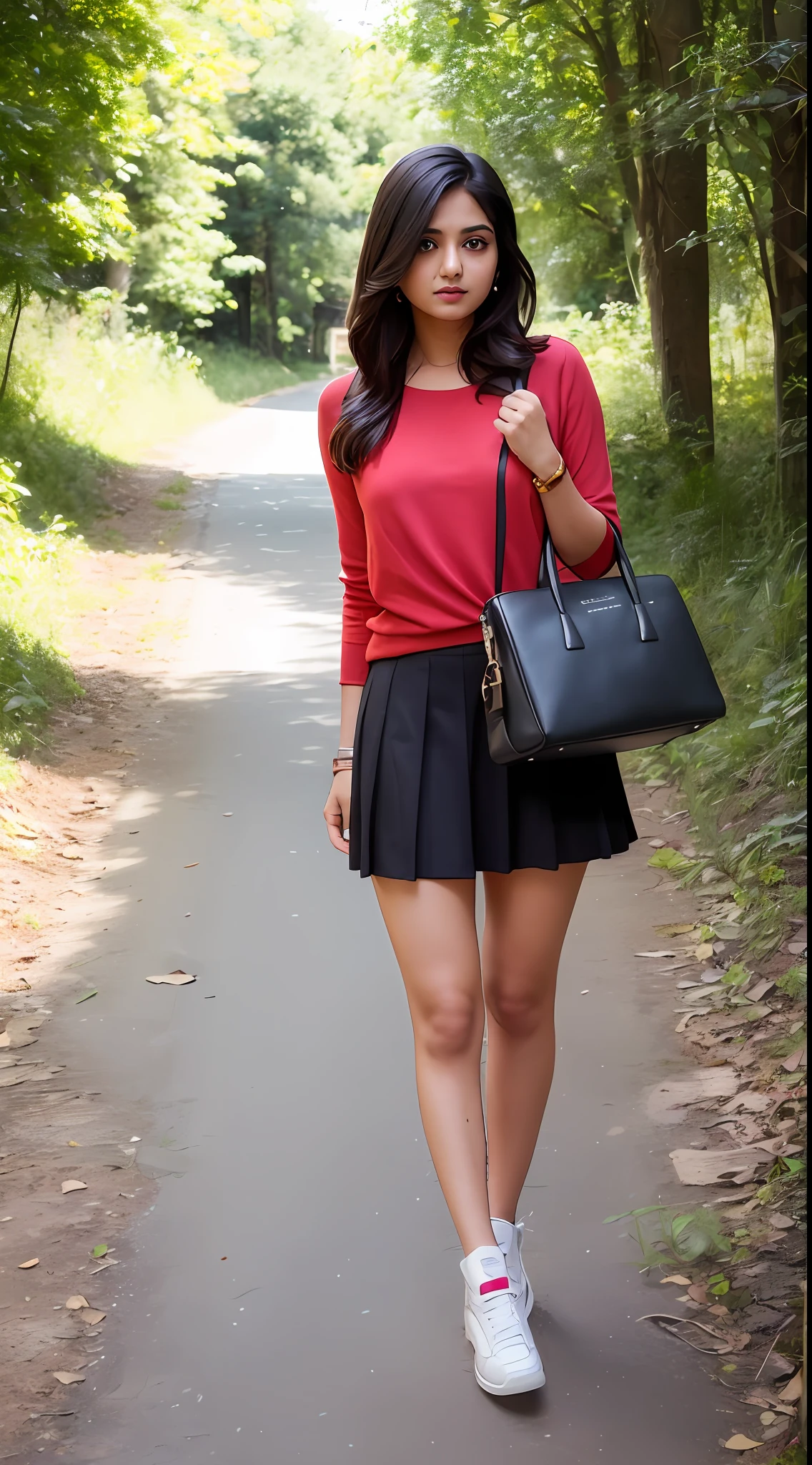 Hot sexy Indian girl, realistic,pretty face ,school dress, , Rolex expensive watch,zara school bag, zara sneakers,deep forest