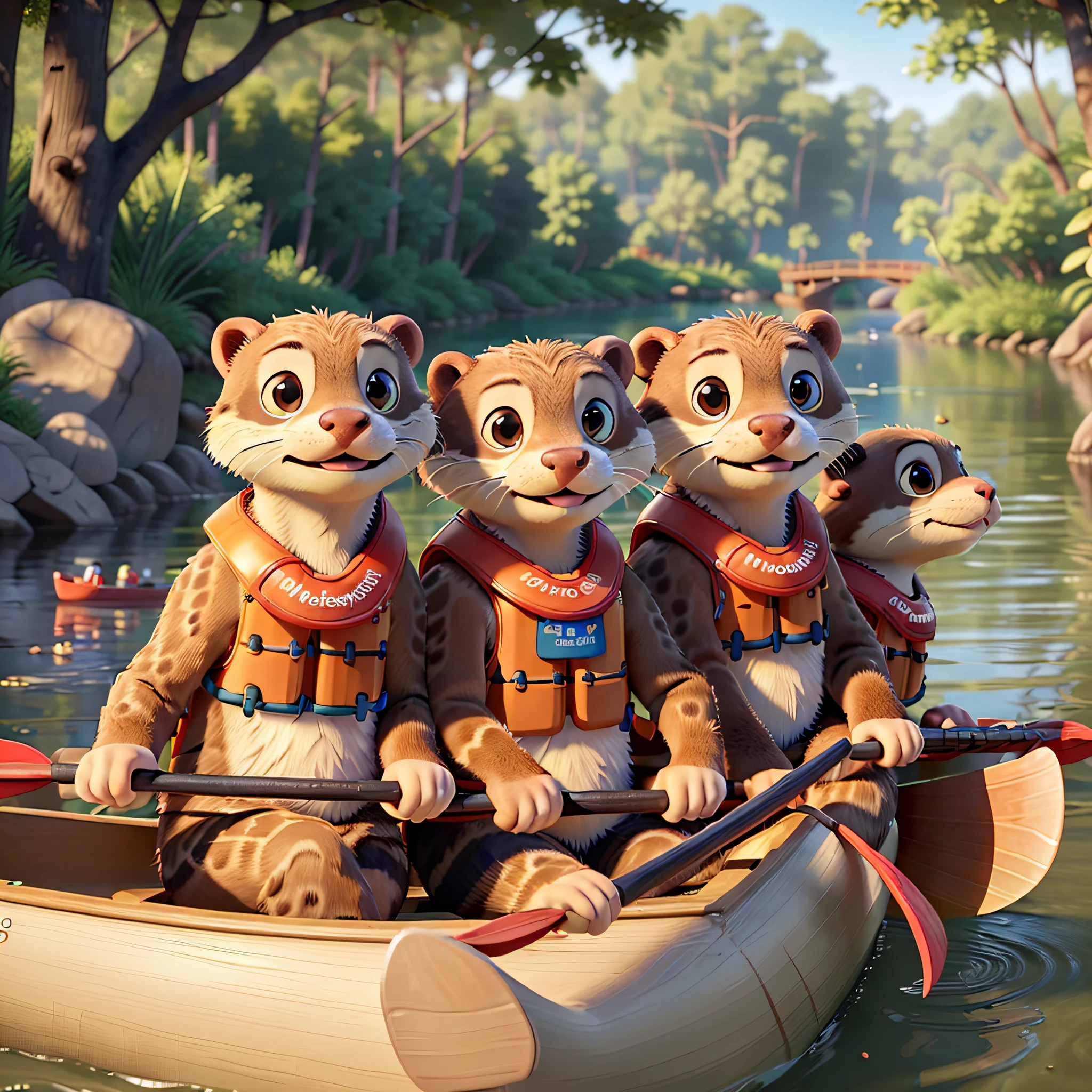 (Best Quality, 8k, 32k, Masterpiece, UHD:1.3), group of cute otters wearing a life vest and rowing a canoe, all grabbing paddle on both hands, all sitting in a canoe, looking at viewer, river background, day, volumetric lighting, realistic,