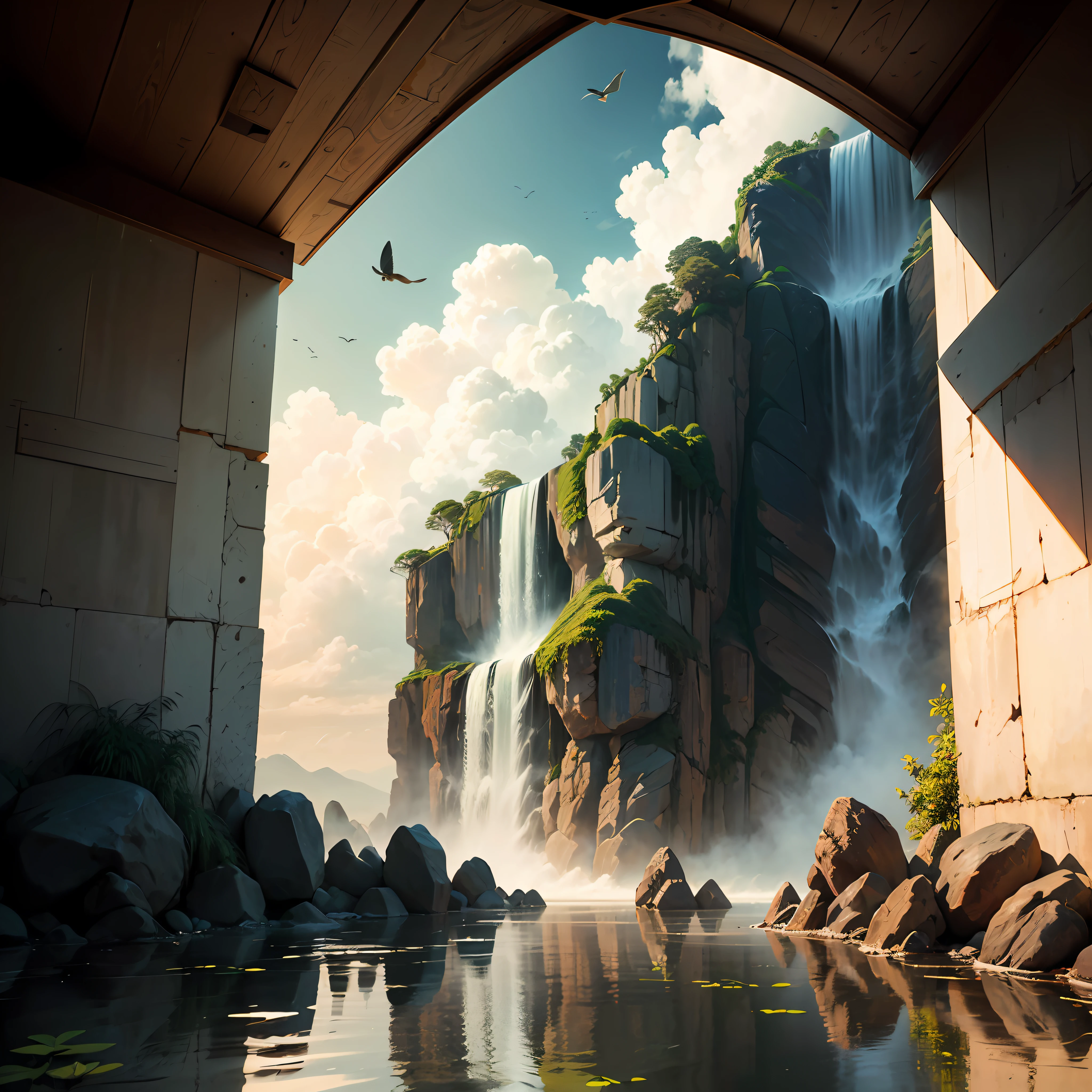 (melhor qualidade)), ((obra-prima)),(realista), (detalhado)(Big view-angular), (sereno),(tranquilo),rio calmo , (cintilante, cristalina) water falling from a runny (baixo, irregular), natural, Scenic, refrescante, calmante, mystic, magic, (harmoniosa, paleta de cores terrosa), (linhas lisas e curvas), ( pequenas rochas cobertas de musgo), (tapete macio e natural), (luz solar filtrando), (raios de deus), (Shimmering patterns on the walls of the clouds), (cachoeira majestosa e poderosa), (atmosfera enevoada), detalhado fundo, (folhagem verde, exuberante), (birds and insects), morning, realista, detalhado, (textura e beleza natural), profundidade e perspectiva, insanamente detalhado, , ((obra-prima)), absurdres, HDR, --auto