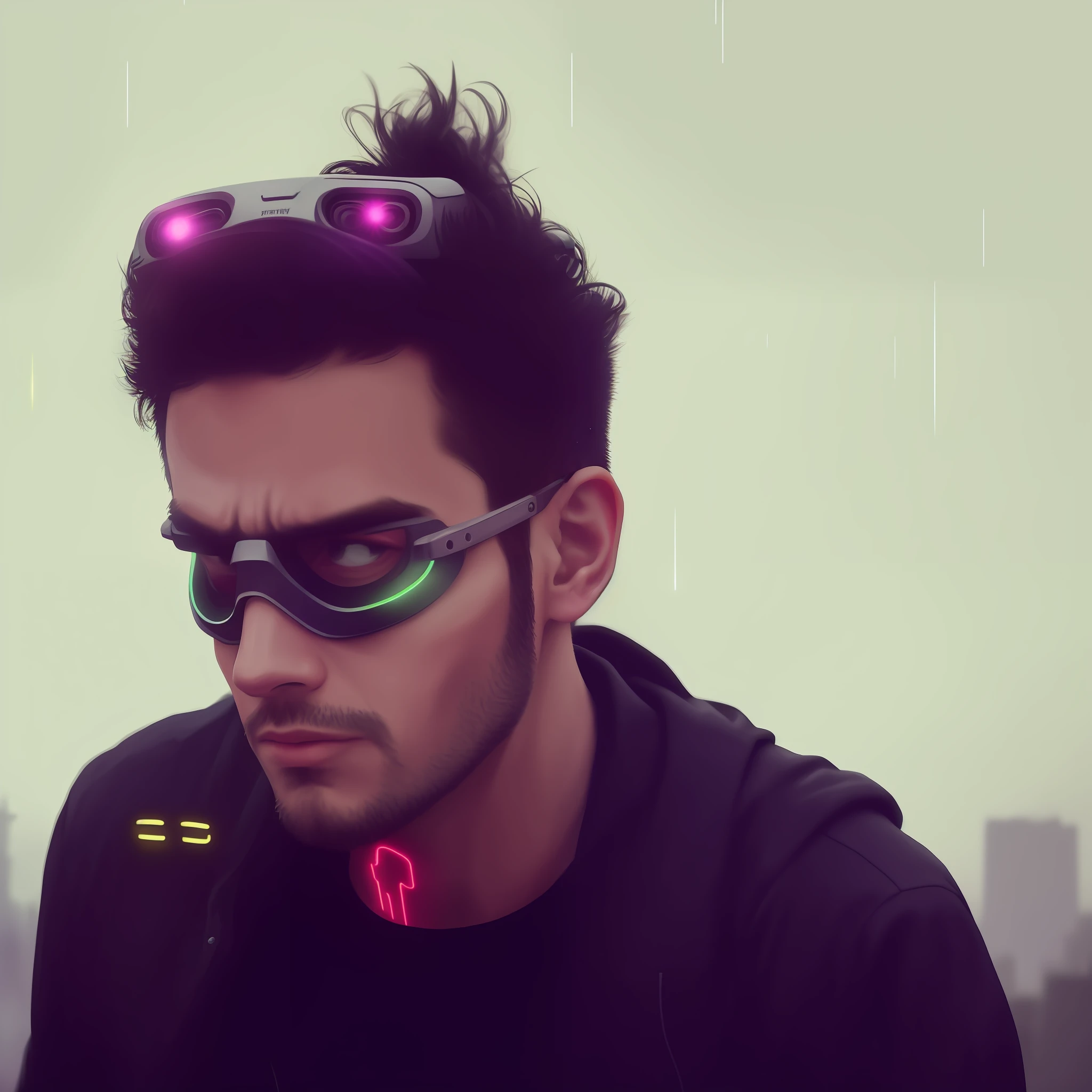 An award winning master piece photo of a cyborg man with psychedelic colors standing in a city street at night in the rain, wearing neon-colored glowing goggles, 8k, (high quality:1.1), (cinematic feeling:1.1), dark deep shadows, incredibly intricate detailing, art , (up close:1.1), from above, looking at viewer, (light sparkles:1.1), (chromatic aberration,:1.2) background with floating light artifacts