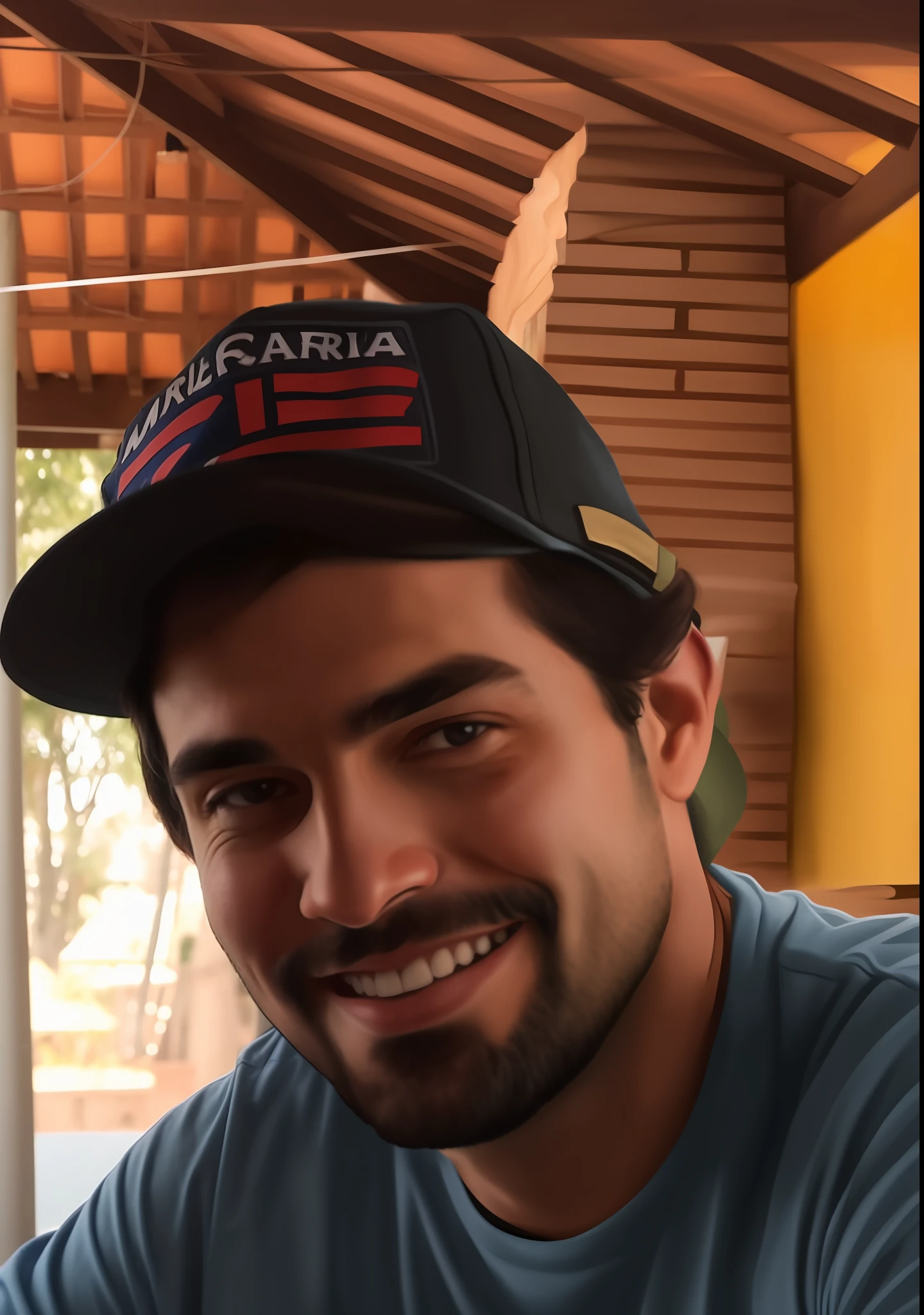 Smiling man in blue shirt and black hat sitting at table with food, icaro carvalho, david rios ferreira, Camilo GC, edu souza, henrique alvim corrêa, luiz escanuela, Carmelo Blandino, Andrea Rocha, caio santos, adreas rocha, Miguel Vicente, daniel mirante, joseph moncada (My face changed for the character Captain America)