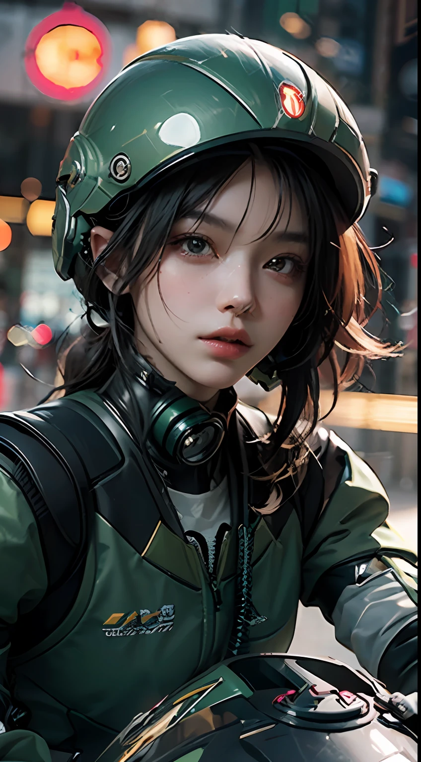 Highest image quality, outstanding details, ultra-high resolution, (realism: 1.4), the best illustration, favor details, highly condensed 1girl, with a delicate and beautiful face, dressed in a black and green mecha, wearing a mecha helmet, holding a directional controller, riding on a motorcycle, the background is a high-tech lighting scene of the future city.