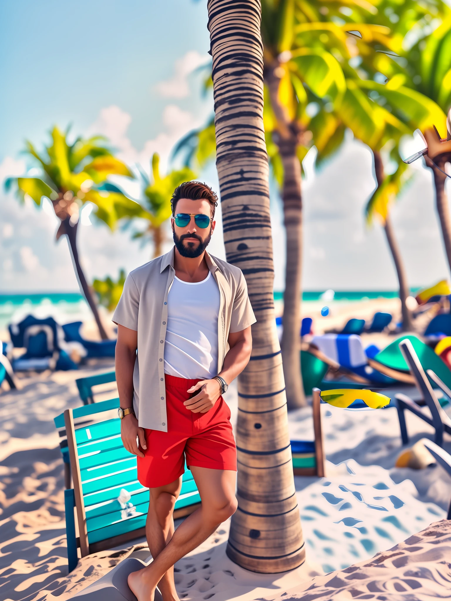 there is a man standing on the beach next to a palm tree, wearing black and gold sunglasses, wearing red shorts, chest and stomach visible, some hair on chest and stomach, love handles, palm trees in the background, with palm trees in the back, vacation photo, posing on a beach with the ocean, at a tropical beach, standing near the beach, shot on Samsung galaxy, standing at the beach, photorealistic