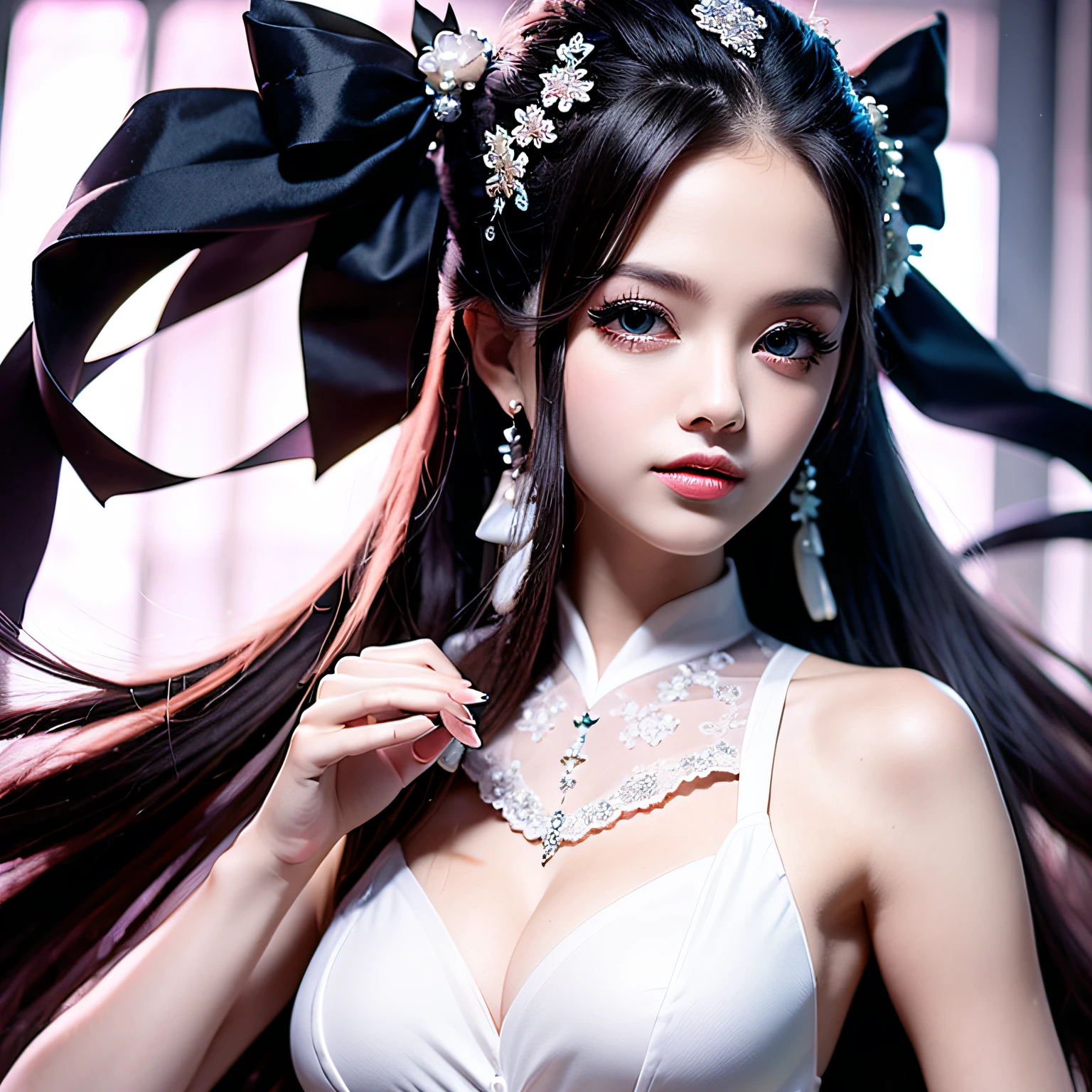 master masterpiece，Best quality，Stunning beauty，1girl，Black and white, she is a model，She wears a stylish dress，她22岁，Her eyes are orange，Snow-white skin。 --auto