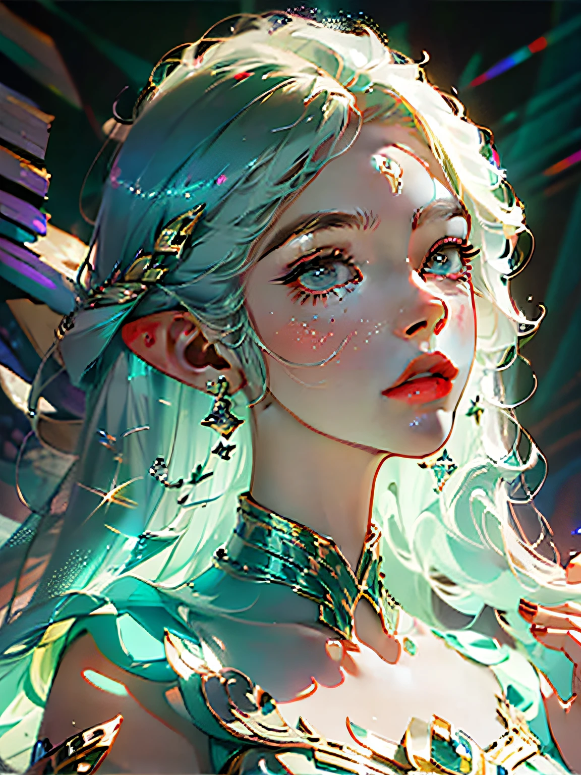 (Masterpiece), best quarity, super high res, ((character chart)), concept art by theCHAMBA, illustration for book, full Illustration, fluorescent color, a pregirl, female elf, blue and Green palete,
A young male, looking at the viewers, beautiful face, pretty eyes, (shoulders bare: 1.2), head looking up, the upper part of the body, forest, shiny hair, shiny glossy skin, glowing cut, CHIBI, hands not shown: 1.5, silver starlight clothes, Particles, stars, sharp focus, smooth soft skin, symmetric, soft lights, Detailed Face, Octane rendering, Perfect face, Detailed Face, Delicate Faces, perfect sharp lips, detailed eye