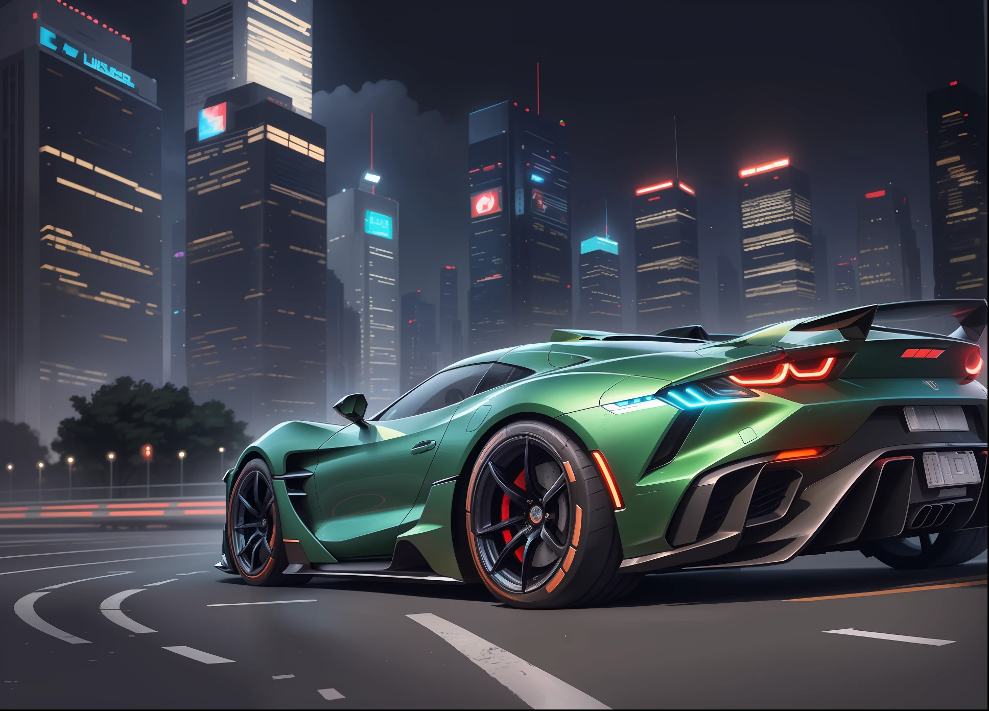 (High Definition, 9k) A futuristic sports car with neon headlights and light under the car, on the street of a futuristic cityscape with Starwars style skyscrapers