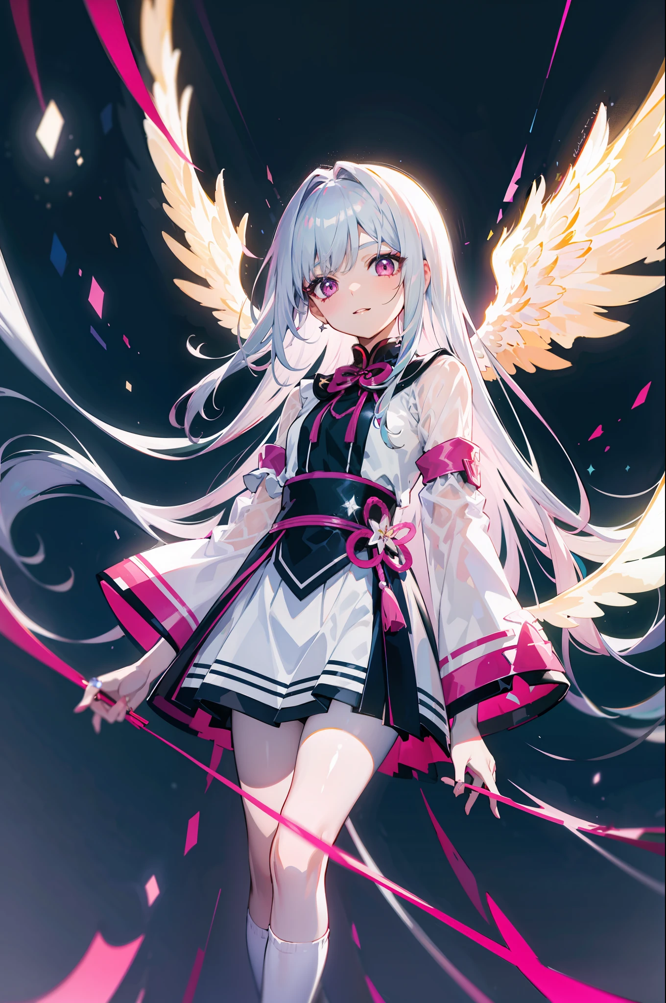 beste Quality、女の子 1 人、sora、Land of Angels、colorful strands of hair、cuddly 、the anime、Sheer white skin、Asian Girls、wholebody、、14歳、Shines、Quiet child、HigContrast、Temptingual、angelic、Glowing on the back2Angel Wings、A ring that glows horizontally above your head、The top of the head is silver hair and the tips are pink、White attire、seethrough