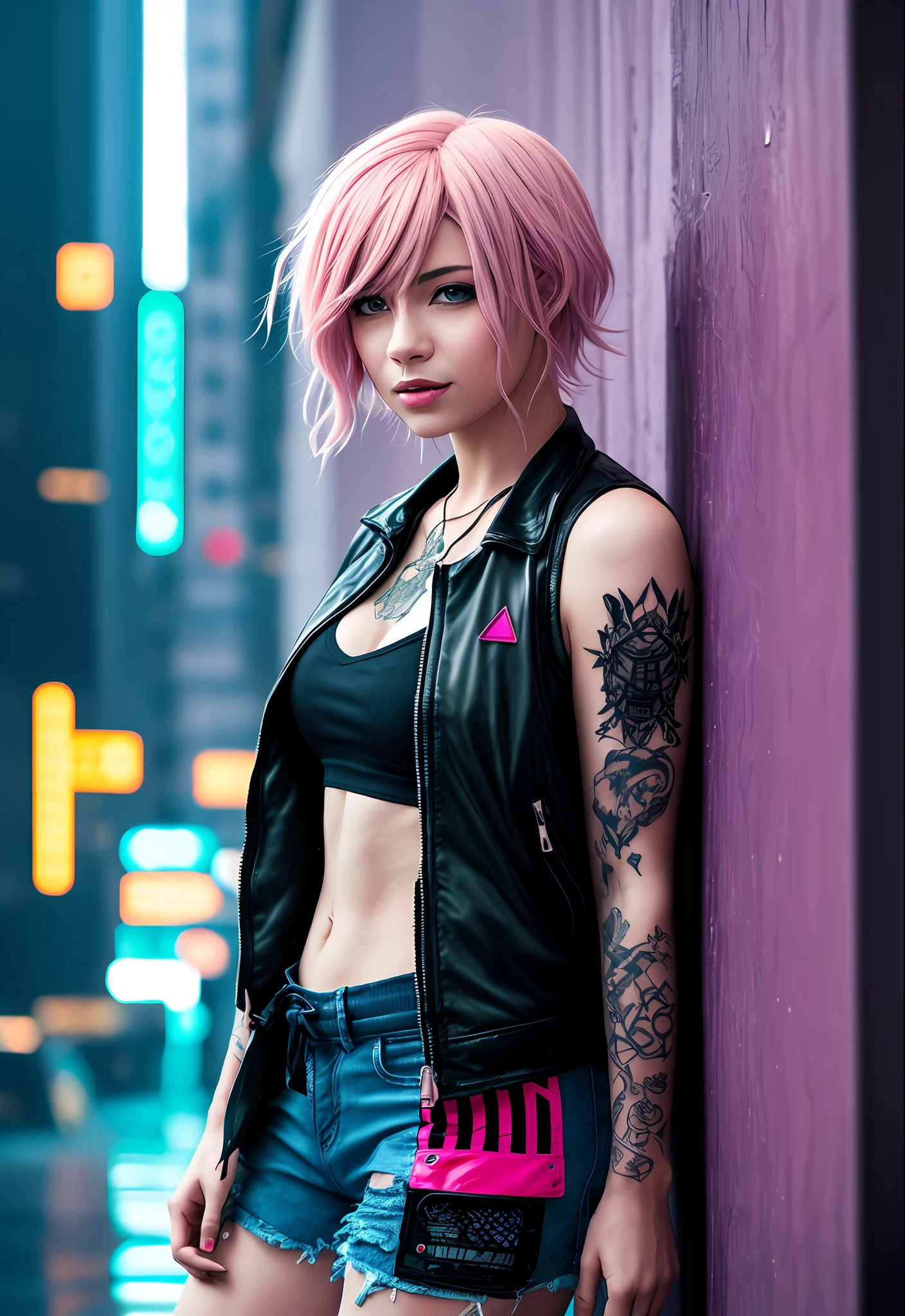 A woman with pink hair sits on the wall，rainting，Soaked all over，cyberpunk beautiful girl， digital cyberpunk anime art， Teenage cyberpunk cyborg， Neon punk， Miss Seiburg，Tattered little vest，Ragged shorts， Intricate garments，High quality cyberpunk art，Barcode tattoo， modern cyberpunk anime，realistic detail photography