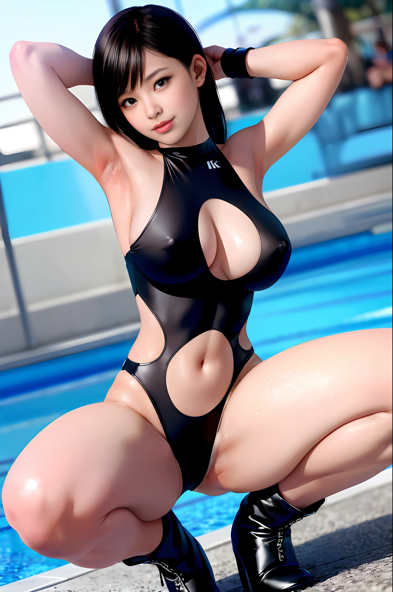 Best Quality, Best Quality, 8K Quality, Photoreality, Kokoro, Smile, Embarrassing, Blushing, Nasty Lips, (((Hard Nipples)), Black Rubber, Sleeveless, High Neck Competitive Swimsuit, Hard Squeeze, ((Hard Squeeze to Crotch)), Long boots with black pin heels, Squatting on the ground, Crotch wide open from side to side, Arms behind head, showing off armpits, Look at the viewer, face the front of the body to the viewer, open the crotch wide from side to side towards the viewer, shoot from the front, poolside, professional lighting, professional photography,