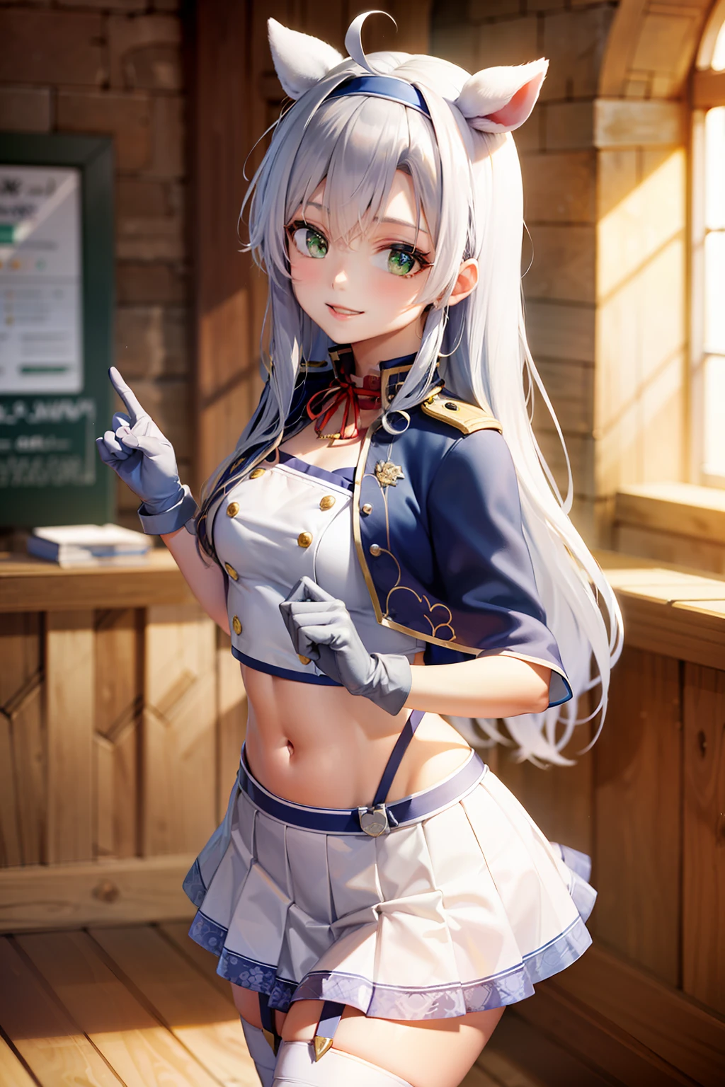 (masterpiece, best quality:1.2), cowboy shot, solo, 1girl, veronica \(dq11\), smile, closed mouth, looking at viewer, sistineFibelrnd, sistineFibeldef, blue capelet, bangs, long hair, white hair, green eyes, blue hairband, single glove, neck ribbon, Navel, gold trim, midriff, miniskirt, pleated skirt, red ribbon, white crop top, stomach, white animal ears, white skirt