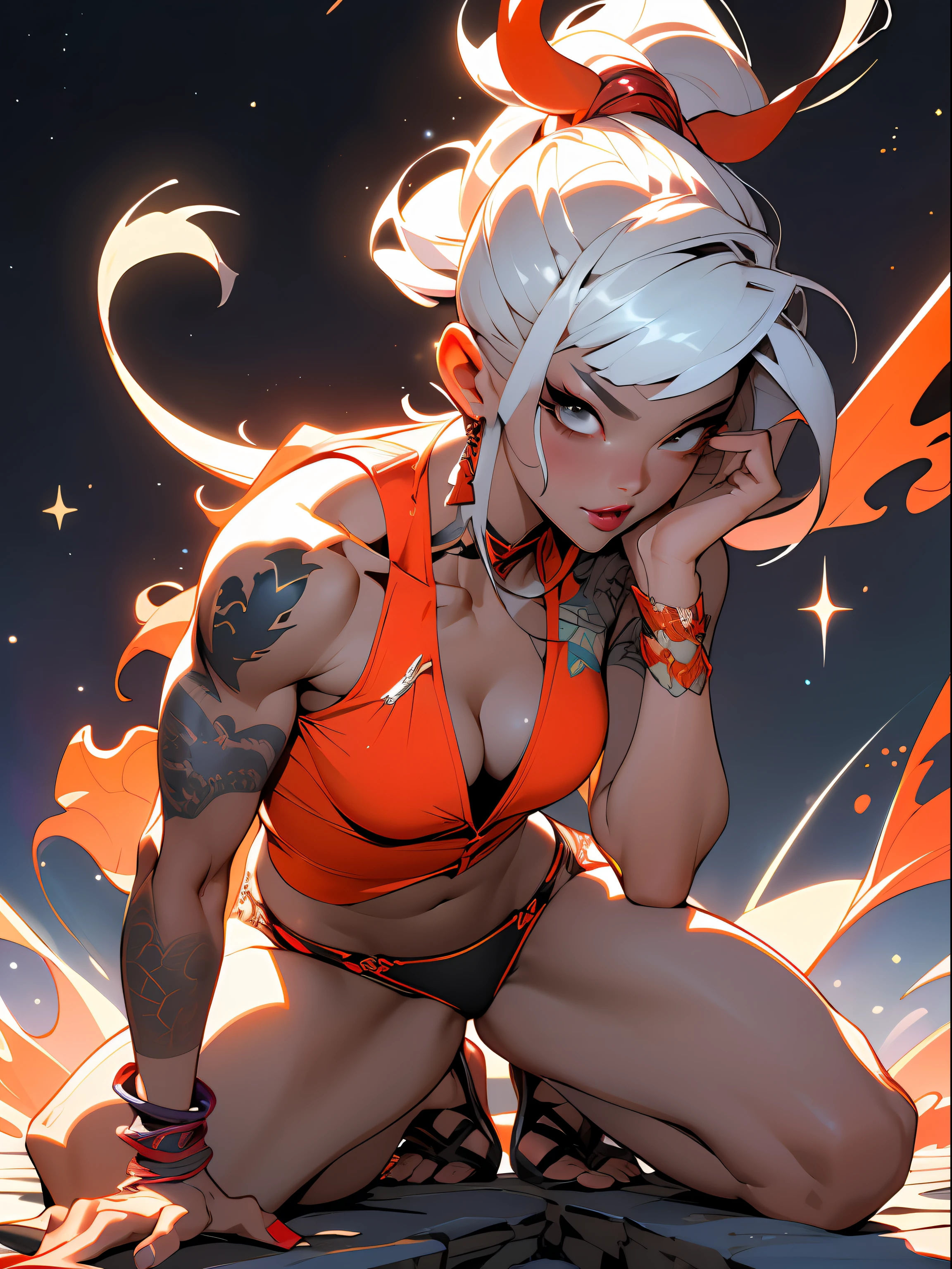 absurd, highres, ultra detailed, (ultra-detailed background, detailed background), extremely detailed, flame demon woman, adult woman, perfect adult face, 35 years old, (zentangle:1.2), (geometric:1.2), colorful, full body, sexy pose, short clothes, dragon tattoo, stars, tiny thong, almost naked, muscular, perfect body, vietnamese ornaments, demon of japanese culture
