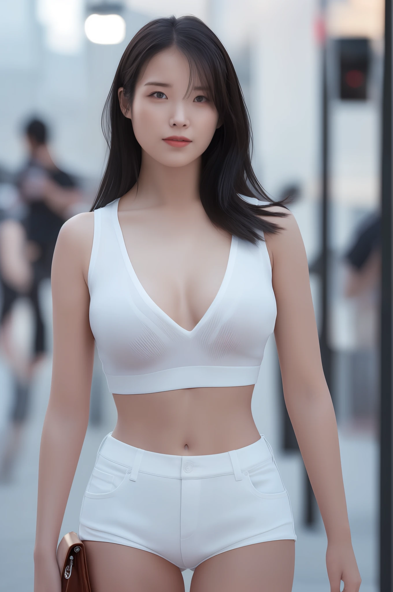 IU,1girl,solo,woman,complex 3d render ultra detailed, smile, portrait of beautiful woman, moody portrait, striking features, beauty, intricate details, dramatic composition, tension, contrast, texture, realism, high-quality rendering, stunning art, high quality, film grain, Fujifilm XT3,swirly bokeh,(realistic, photo-realistic:1.4),RAW photo,physically-based rendering,(looking at viewer:1.4),(8k, best quality, masterpiece:1.2),(full body shot:1.2),octane render,extremely detailed CG, unity 8k wallpaper,in street,urban,city,(studio soft light,sunlight:1.1),hyper realistic detail shiny skin,ultra detailed,(standing:1.1),(a girl is wearing sleeveless:1.5),(ultra realistic:1.5),(intricate:1.1),(photorealistic:1.4),1girl,(skinny:1.3),detailed background ,(huge breasts:1.2) hard nips