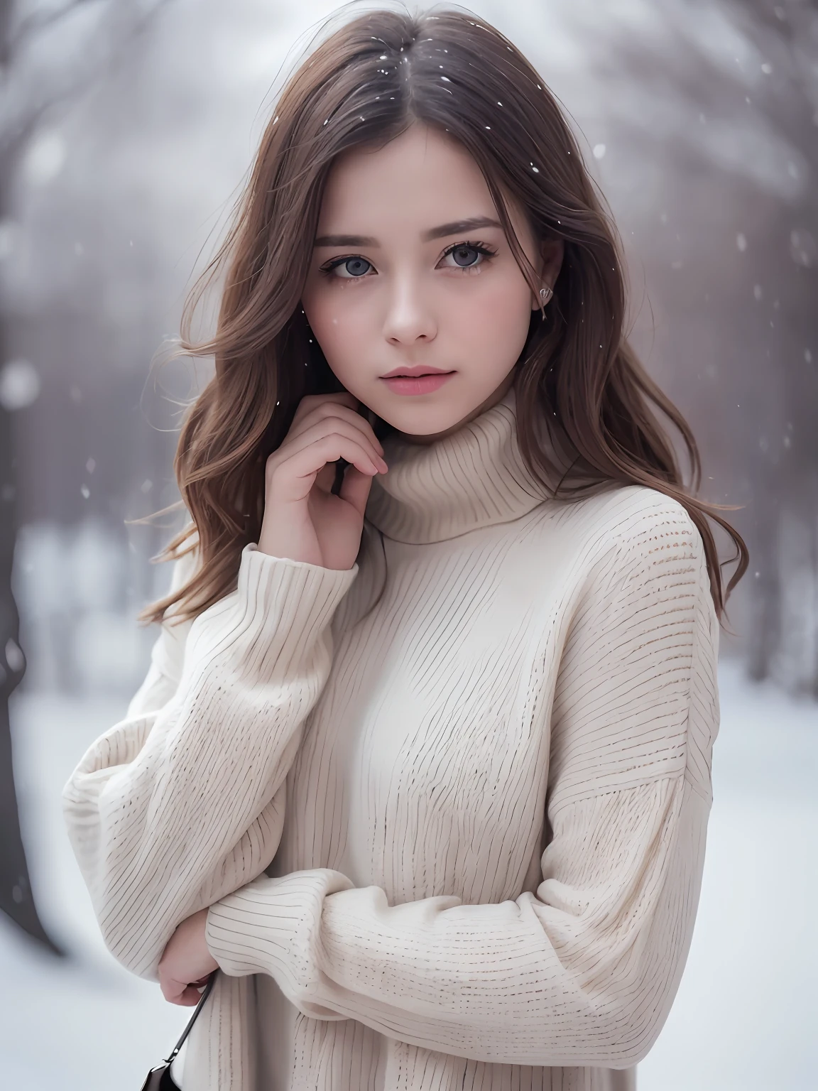 (HD cinematography), (upper blody), (high qualitt), (aesthetic clothings), (professional angle), (Rule of Thirds), (Bright), (woman), (,Ladies), (beautiful),(feminine features), (21 years), solo, 1 woman, (attractive French), Winter, (Snow), (Morning), (Soft Lighting light), ((Standing Alone, Snowflakes Falling, Tears on Face)), ((Tears)), (Hands by Side Hands), ((Looking Forward Face)), ((Sadness)), (Natural Make-up), (Any Bust), (-), ((Medium Hair)), (Chestnut Hair), (Wavy Hair), (Loose hair), (), (Half-Closed Eyes), (blueeyes), (Distant Look), with pale skin, (- Clothing), (Oversized Sweater), (-), (Leggings ), (Turtleneck Neckline), ((Outdoor Setting background)), (middle shot), beautiful hands, two hands, Normal hand, two arms, complete hands, beautiful body, Beautiful Fingers, normal fingers, five fingers, five fingers, beautiful ears, normal ears, pretty eyes, shiny eyes, beautiful mouth, beautiful lips,