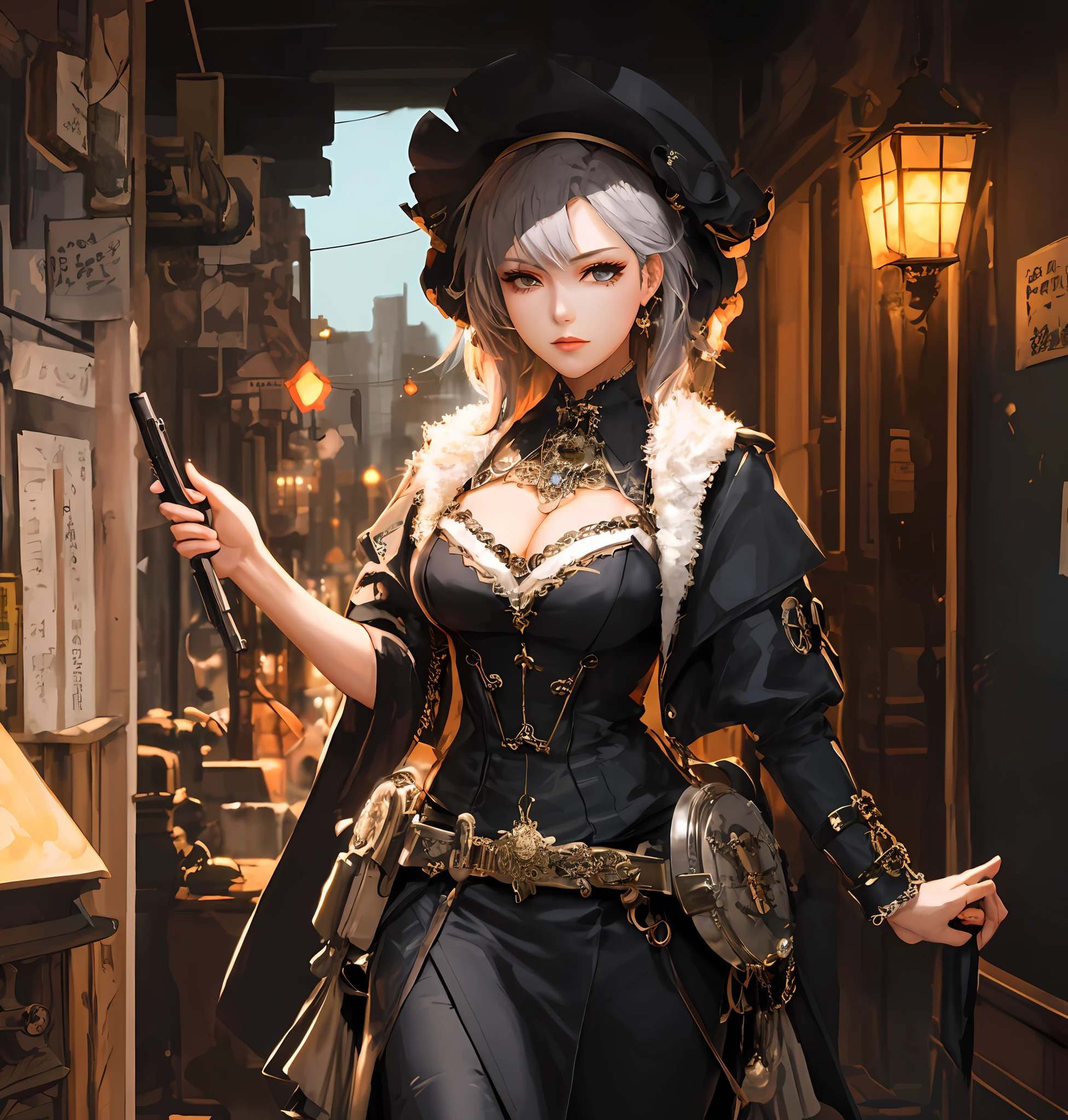 there is a woman in a costume holding a gun and a bird, steampunk beautiful anime woman, wearing steampunk attire, steampunk fantasy style, in a steampunk world, by Yang J, in steampunk cityscape, (steam punk), ( steam punk ), a steampunk beautiful goddess, like lady mechanika, in a steampunk distopian city, steampunk concept art, steampunk girl, ornate cosplay