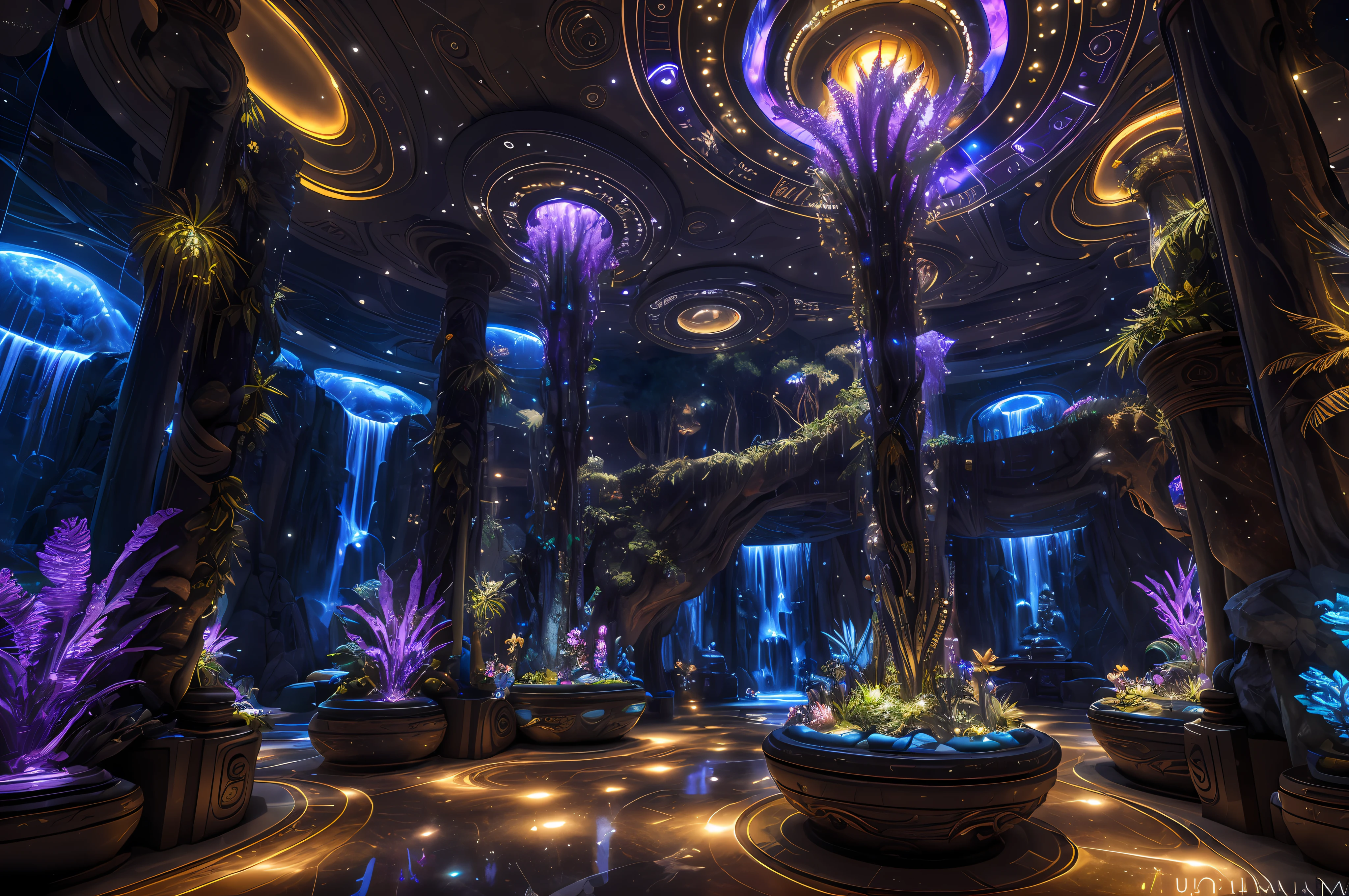 incredible Na'vi-inspired luxurious futuristic store interior in Ancient Egyptian style with many ((lush plants)) (lotus flowers), ((palm trees)), rocky walls, (sand), ((waterfalls)) (marble), ((precious minerals)), ((metals)), (gemstones), crystals, clouds and ((water)), (hieroglyphics), ((trees and plants made out of gemstones and precious minerals and lights)), crocodiles, (((ultra luxury))), (black marble) – with ((beautiful lights)), Unreal Engine, HQ, 16k