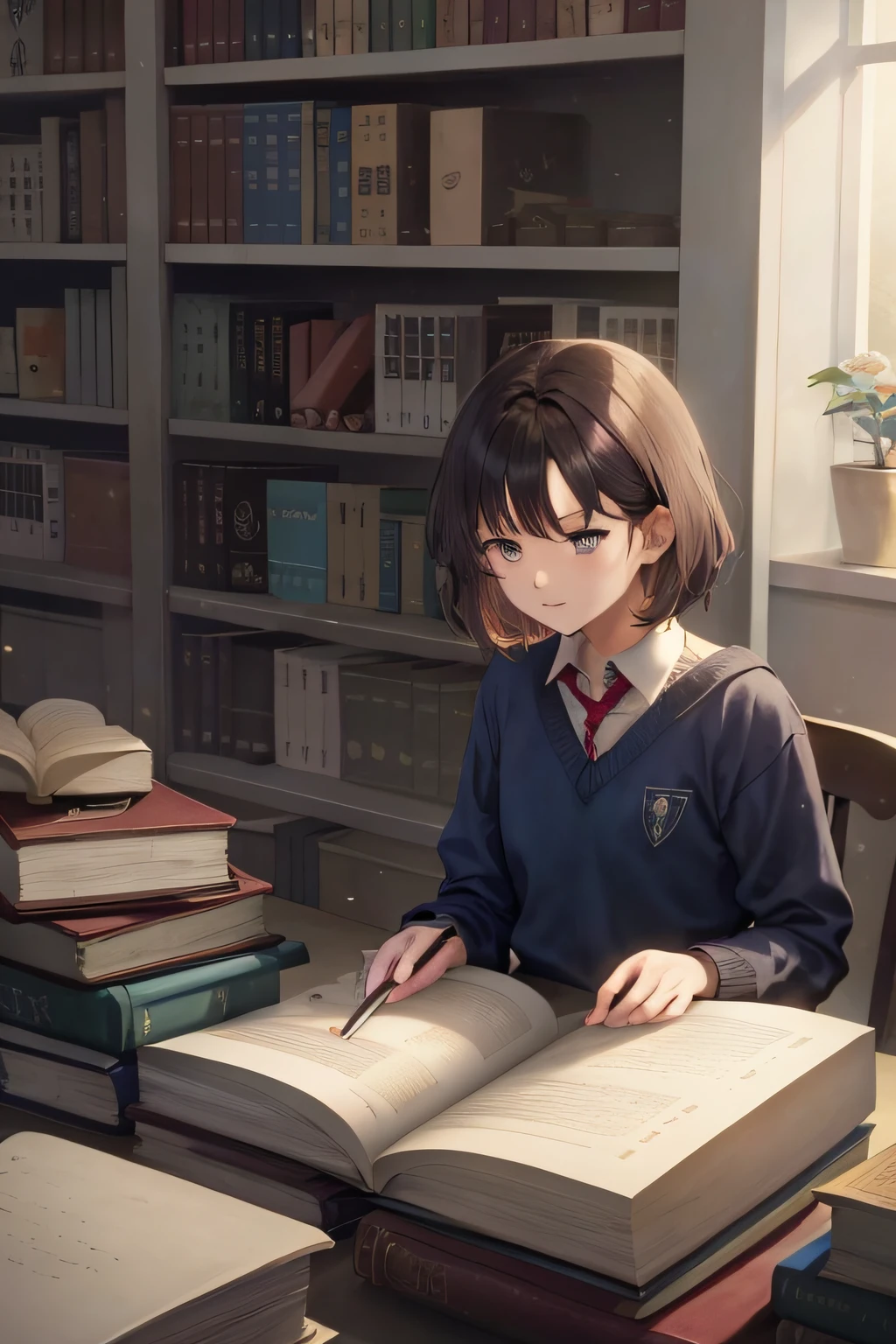 Garota anime sentada em uma mesa com um livro e caneta, tentando estudar, anime style 4 k, menina bonita do anime high school, Estudar, 4 k manga wallpaper, uma aluna hiperrealista, em uma biblioteca, anime moe artstyle, digital anime illustration, 4k anime wallpaper, anime art wallpaper 4k, anime art wallpaper 4 k