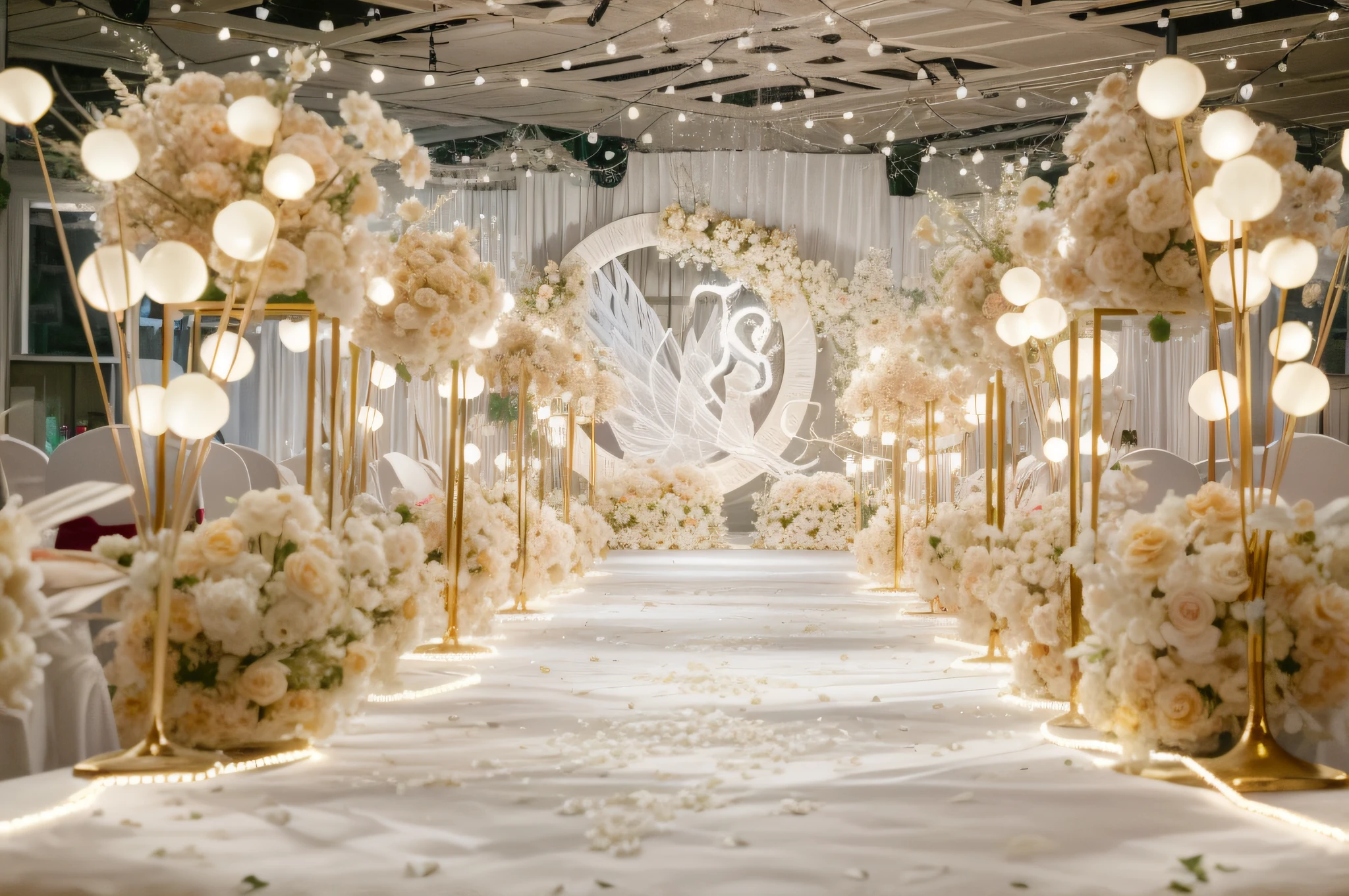 white flowers、White chairs and lamps of the Aaraffed aisle, luxurious wedding, ethereal and dreamy theme, white and gold color scheme, fairy tale setting, romantic themed, -n 8, - n 8, intricate white and gold neon, glamorous setting, fully decorated, dreamy and detailed, lavishly decorated, d. Me. and a. venue